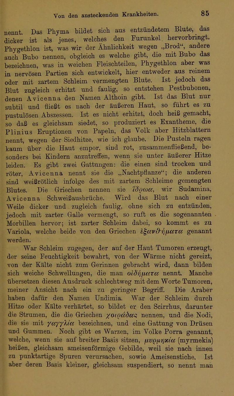 nennt. Das Pkyma bildet sieb aus entzündetem Blute, _ das dicker ist als jenes, welches den Furunkel bervorbringt. Pkygetklon ist, was wir der Äbnlicbkeit wegen „Bi'od“, andere aucb° Bubo nennen, obgleich es welche gibt, die mit Bubo das bezeichnen, was in weichen Fleischteilen, Phygethlon aber was in nervösen Partien sich entwickelt, hier entweder aus reinem oder mit zartem Schleim vermengten Blute. Ist jedoch das Blut zugleich erhitzt und fauüg, so entstehen Pestbubonen, denen Avicenna den Namen Althoin gibt. Ist das Blut nur subtil und fließt es nach der äußeren Haut, so führt es zu pustulösen Abszessen. Ist es nicht erhitzt, doch heiß gemacht, so daß es gleichsam siedet, so produziert es Exantheme, die Plinius Eruptionen von Papeln, das Volk aber Hitzblattern nennt, wegen der Siedhitze, wie ich glaube. Die Pusteln ragen kaum über die Haut empor, sind rot, zusammenfließend, be- sonders bei Kindern anzutreffen, wenn sie unter äußerer Hitze leiden. Es gibt zwei Gattungen: die einen sind trocken und röter, Avicenna nennt sie die „Nachtpflanze“; die anderen sind weißrötlich infolge des mit zartem Schleime gemengten Blutes. Die Griechen nennen sie id'qoja, wir Sudamina, Avicenna Schweißausbrüche. Wird das Blut nach einer Weile dicker und zugleich faulig, ohne sich zu entzünden, jedoch mit zarter Galle vermengt, so ruft es die sogenannten Morbillen hervor; ist zarter Schleim dabei, so kommt es zu Variola, welche beide von den Griechen kt-uvx%'jfxarci genannt werden. War Schleim zugegen, der auf der Haut Tumoren erzeugt, der seine Feuchtigkeit bewahrt, von der Wärme nicht gereizt, von der Kälte nicht zum Gerinnen gebracht wird, dann bilden sich weiche Schwellungen, die man ol§i]\iara nennt. Manche übersetzen diesen Ausdruck schlechtweg mit dem Worte Tumoren, meiner Ansicht nach ein zu geringer Begriff. Die Araber haben dafür den Namen Undimia. War der Schleim durch Hitze oder Kälte verhärtet, so bildet er den Scirrhus, darunter die Strumen, die die Griechen yoiqctdctc, nennen, und die Nodi, die sie mit yuyylia bezeichnen, und eine Gattung von Drüsen und Gummen. Noch gibt es Warzen, im Volke Porra genannt, welche, wenn sie auf breiter Basis sitzen, [xvQuijxtcc (myrmekia) heißen, gleichsam ameisenförmige Gebilde, weil sie nach innen zu punktartige Spuren verursachen, sowie Ameisenstiche. Ist aber deren Basis kleiner, gleichsam suspendiert, so nennt man