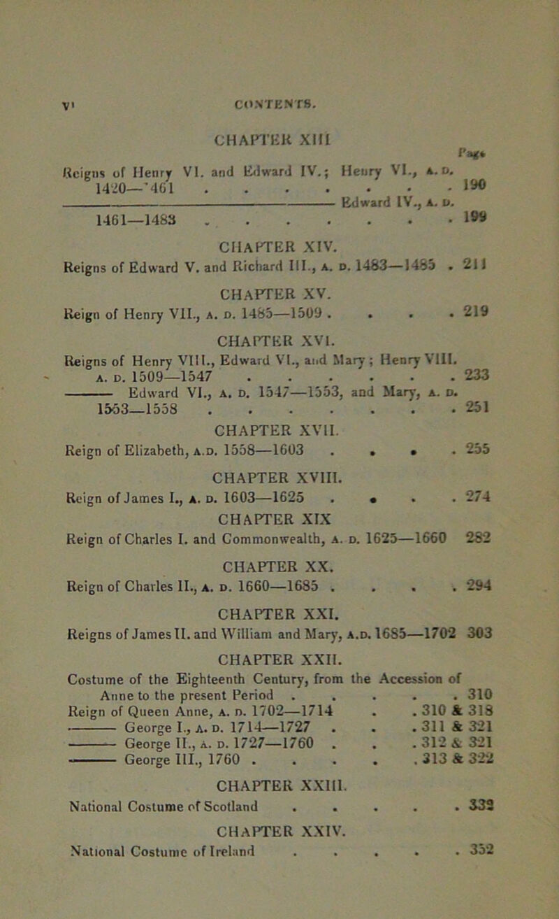 CHAPTER XIIL Pag* Reigns of Henry VI. and Edward IV.; Henry VI., a.d. 1420—'461 190 Edward IV., A. u. 1461—1483 199 CHAPTER XIV. Reigns of Edward V. and Richard III., A. D. 1483—1485 . 211 CHAPTER XV. Reign of Henry VII., a. d. 1485—1500 .... 219 CHAPTER XVI. Reigns of Henry VIII., Edward VI., and Mary; Henry VIII. a. d. 1509—1547 233 Edward VI., A. D. 1547—1553, and Mary, a. d. 1553—1558 251 CHAPTER XVII. Reign of Elizabeth, a.d. 1558—1603 . . • 255 CHAPTER XVIII. Reign of James I., a. d. 1603—1625 . • 274 CHAPTER XIX Reign of Charles I. and Commonwealth, a. d. 1625—1660 282 CHAPTER XX. Reign of Charles II., a. d. 1660—1685 .... 294 CHAPTER XXI. Reigns of Janies II. and William and Mary, a.d. 1685—1702 303 CHAPTER XXII. Costume of the Eighteenth Century, from the Accession of Anne to the present Period Reign of Queen Anne, a. d. 1702—1714 George I., A. d. 1714—1727 . . George II., a. d. 1727—1760 George III., 1760 . . . . . 310 .310 & 313 . 311 & 321 . 312 & 321 . 313 & 322 CHAPTER XXIII. National Costume of Scotland . 335 CHAPTER XXIV. National Costume of Ireland . . 352