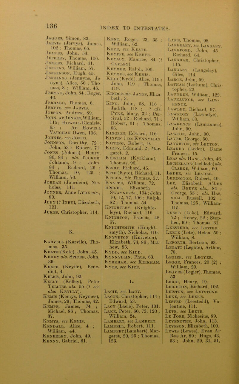 Jaques, Simon, 83. Jarvis (Jervys), James, 102 ; Thomas, 05. Jbanes, John, 54. Jeffrey, Thomas, 100. Jenkes, Richard, 41. Jenkins, William, 57. Jenkinson, Hugh, 45. Jennings (Jennyns, Je- nyns), Alice, 56 ; Tho- mas, 8 ; William, 40. JERMYN, John, 84; Roger, 40. Jerrard, Thomas, 0. Jervys, see Jarvis. Jobson, Andrew, 89. John. apJenkin, William, 115; Howell Dionisia, 65 ; Ap Howell Vaughan Owen, 100. Johnes, see Jones. Johnson, Dorothy, 72 ; John, 53 ; Robert, 71. Jones (Johnes), Henry, 80, 84 ; als. Tucker, Johanna, 9 ; John, 84 ; Richard, 20 ; Thomas, 10, 125 ; William, 70. Jordan (Jourdein), Nic- holas, 111. Joyner, Anne Lyde als., 80. Juby (? Inby), Elizabeth, 121. Jukes, Christopher, 114. K. Karvell (Karvile), Tho- mas, 35. Keate (Kete), John, 45. Keddy als. Spicer, John, 39. Keefe (Keyfi’e), Bene- dict, 4. Kelke, John, 92. Kelly (Kelley), Peter Tellier als. 55 (? see also Keylly). Kemis (Kemys, Keymes), James, 29 ; Thomas, 42. Kempe, James, 74 ; Michael, 86 ; Thomas, 37. Kemys, see Kemis. Kendall, Alice, 4 ; William, 44. Kenerley, John, 49. Kenny, Gabriel, 61. Kent, Roger, 23, 35 ; William, 02. Kete, see Keate. Keyffe, see Keefe. Keylly, Maurice, 84 (? -Cayley). Keymer, Ralph, 100. Keymes, see Kemis. Kidd (Kydd), Alice, 119 ; John, 119 ; Thomas, 119. Kindge als. James, Eliza- beth, 3. King, John, 58, 116 ; Judith, 118 ; ? als. Pyke, Mary, 32 ; Per- cival, 52 ; Richard, 71 ; Robert, 01 ; Thomas, 66. Kingson, Edward, 116. Kinvin ? see Kynnyllin. Kipping, Robert, 9. Kirby, Edmund, 2 ; Mar- garet, 2. Kirkham (Kyrkham), Thomas, 96. Kisby, Richard, 45. Kite (Kyte), Richard, 11. Kitson, Sir Thomas, 37. Knappe, William, 72. Knight, Elizabeth Swayne als., 104 ; John 10, 12, 77, 106 ; Ralph, 82 ; Thomas, 54. Knigiitley (Kniglite- leye), Richard, 116. Knighton, Francis, 48, 67. Knightsmith (Knight- smyth), Nicholas, 110. Knyveton (Kniveton), Elizabeth, 74, 86 ; Mat- hew, 86. Kydd, see Kidd. Kynnyllin, Phus, 63. Kyrkham, see Kirkham. Kyte, see Kite. L. Lacie, see Lacy. Lacon, Christopher, 114; Edward, 53. Lacy (Lacie), Peter, 101. Lake, Peter, 60, 73, 120 ; William, 24. Lambart, sec Lambert. Lambell, Robert, 111. Lambert (Lambart), Mar- garet, 20, 25 ; Thomas, 123. i Lane, Thomas, 98. Lang elk y, see Langley. Langford, John, 45 Richard, 64. Lang ham, Christopher, 115. Langley (Langeley), Giles, 114. Large, John, 99. Latham (Lathum), Chris- topher, 22. Launden, William, 122. Lauraunce, see Law- rence. Lawley, Richard, 97. Lawndey (Lawndye), William, 58. Lawrence (Lauraunce), John, 90. Lawton, John, 90. Layer, George, 50. Layghton, see Leyton. Leader (Leder), Dame Frances, 15. Leas als. Hans, John, 46. Lechelade (Liohlade) als. Clarke, William, 60. Leder, see Leader. Ledington, Robert, 40. Lee, Elizabeth A’Lee als. Reeve als., 84 ; George, 55 ; als. Has, sull Russell, 102 ; Thomas, 125; William- 115. Leeke (Leke), Edward, 72 ; Henry, 22 ; Step- hen, 99 ; Thomas, 61. Leestedd, see Lested. Leete (Lete), Helen, 50 ; William, 8. Leforth, Bertram, 93. Legatt (Legate), Arthur, 78. Legier, see Legyer. Legge, Frances, 20 (2) ; William, 20. Legyer (Legier), Thomas, 53. Leigh, Henry, 19. Leighton, Richard, 102. Leiston, see Leystone. Leke, see Leeke. Lested (Leestedd), Va- lentine, 111. Lete, see Leete. Le Tore, Nichesius, 89. Levenothe, John, 113. Leveson, Elizabeth, 100. Lewis (Lewes), Evan Ap Res Ap, 89 ; Hugo, 43, 53 ; John, 29, 31, 51,