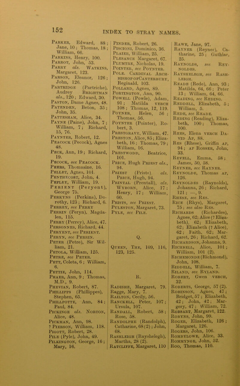 Parker, Edward, 88 ; Jane, 10 ; Thomas, 18 ; William, G6. Parkins, Henry, 100. Parrot, John,' 53. Parry als. Watkins, Margaret, 123. Parson, Eleanor, 126; John, 126. Partridge (Partriche), Audrey Brightman als., 120 ; Edward, 30. Paston, Dame Agnes, 48. Patenden, Beton, 35; John, 35. Pattesham, Alice, 34. Payne (Paine), John, 7 ; William, 7; Richard, 15, 76. Paynter, Robert, 12. Peacock (Pecock), Agnes 48. Peck, Ann, 19 ; Richard, 19. Pecock, see Peacock. Peers, Thomasine, 16. Pellet, Agnes, 101, Penthecost, John, 4. Pepley, William, 19. Perient (Peryent), George 75. Perkyns (Perkins), Do- rothy, 123 ; Richard, 6. Perrey, see Perry Perrin (Peryn), Magda- len, 115. Perry (Perrey), Alice, 47. Personnes, Richard, 44. Peryent, see Perient. Peryn, see Perrin. Peter (Petre), Sir Wil- liam, 21. Petola, William, 125. Petre, see Peter. Pett, Coleta, 6 ; William, 6. Pettie, John, 114. Phaer, Ann, 9 ; Thomas, M.D., 9. Phevtan, Robert, 87. Phillipps (Philhppes), Stephen, 65. Phillpotte, Ann, 84; Paul, 84. Pickinge als. Norton, Alice, 48. Pickman, Ann, 98. ? Pierson, William, 118. Pigott, Robert, 28. Pile (Pyle), John, 49. Pilkington, George, 16 ; Mary, 16. Pinder, Robert, 26. Piscioni, Dominico, 36. Plaier, William, 25. Plesance Margaret, 67. Plumtre, Nicholas, 19. Pointer, see Poynter. Pole. Cardinal Arch- bishop ofCanterbury, Reginald, 103. Pollard, Agnes, 89. Portington, Ann, 90. Powell (Powle), Adam, 91 ; Matilda verch 108; Thomas, 12, 119. Poyner, Helen, 56 ; Thomas, 56. Poynter (Pointer), Ro- bert, 3. Prestgrave, William, 47. Preston, Alice, 85; Eliza- beth, 16 ; Thomas, 79 ; William, 16. Prestwodd, Beatrice, 101. Price, Hugh Priest als., 94. Priest (Prists) als. Price, Hugh, 94. Printal (Prentail), als. Wyborn, Alice, 17 ; Henry, 17 ; William, 60. Prists, see Priest. Puleston, Margaret, 73. Pyle, see Pile. Q. Queen, The, 109, 116, 123, 125. R. Radishe, Margaret, 79. Ragge, Mary, 7. Railton, Cecily, 56. Ranckell, Peter, 107; Ursula, 107. Randall, Robert, 58 ; Rose, 58. Randolphs (Randolph), Catharine, 68(2); John, 68. Rashleigh (Rayshelegh), Martha, 28 (2). Ratclifee, Margaret, 110 Rawe, Jane, 97. Rayner (Reyner), Ca- tharine, 25 ; Guthlae, 25. Raynolds, see Rey- noldes. Rayshelegh, see Rash- leigh. Reads (Rede), Ann, 93 : Matilda, 64, 66 ; Peter 13 ; William, 64, 66. Reading, see Reding. Reddell, Elizabeth, 5 ; William, 5. Rede, see Reade. Reding (Reading), Eliza- beth, 100; Thomas, 100. Rees, Elena verch Da- vid Ap, 88. Res (Rhese), Griffin ap, 94 ; ap Rosser, John, 33. Revell, Emma, 58; James, 50, 58. Reyner, see Rayner. Reynolde, Thomas ap, 126. Reynold es (Raynolds), Johanna, 26 ; Richard, 121; -, 9. Rhese, see Res. Rice (Rhys), Margaret, 75 ; see also Res. Richards (Richardes), Agnes, 62; Alice (? Eliza- beth), 62; Elizabeth, 62; Elizabeth (? Alice), 62 ; Faith, 62; Mar- garet, 26; Richard, 62. Richardson, Johanna, 9. Richbell, Alice, 101 ; William, 101 (2). Richemonde (Richmond), John, 108. Riddell, William, 7. Riland, see Ryland. Robert, Gwen verch, 32. Roberts, George, 57 (2). Robinson, Agnes, 47; Bridget, 57 ; Elizabeth, 42; John, 42; Mar- gery, 47 ; William, 72. Robs art, Margaret, 122. Robyns, John, 99. Roger, Elizabeth, 126 ; Margaret, 126. Rogers, John, 106. Rombylowe, Alice, 33. Rommynge, John, 52. Roo, Thomas, 110.