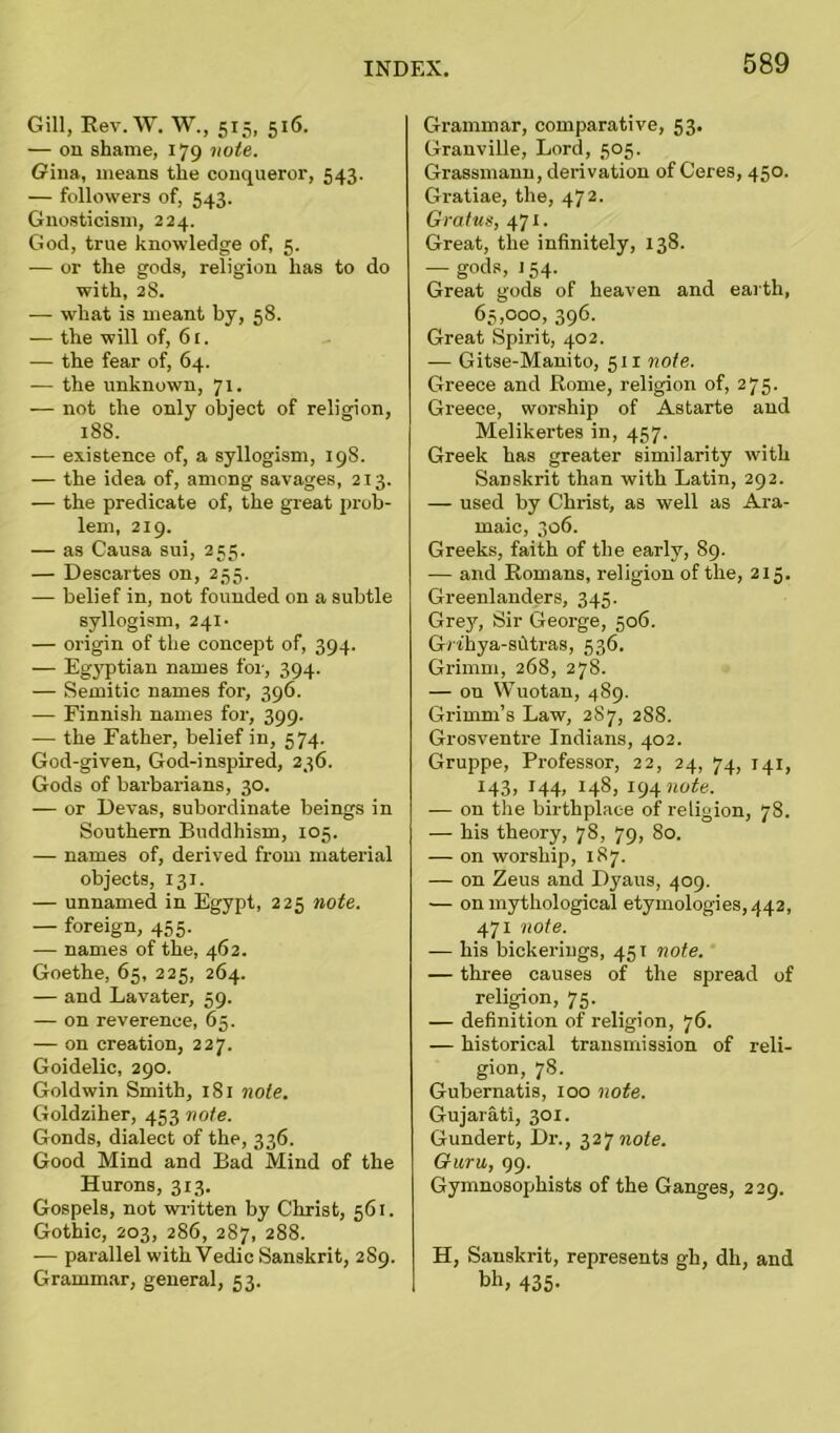 Gill, Rev. W. W., 515, 516. — on shame, 179 note. Gina, means the conqueror, 543. — followers of, 543. Gnosticism, 224. God, true knowledge of, 5. — or the gods, religion has to do with, 28. — what is meant by, 58. — the will of, 61. — the fear of, 64. — the unknown, 71. — not the only object of religion, 18S. — existence of, a syllogism, 198. — the idea of, among savages, 213. — the predicate of, the great prob- lem, 219. — as Causa sui, 255. — Descartes on, 255. — belief in, not founded on a subtle syllogism, 241- — origin of the concept of, 394. — Egyptian names for, 394. — Semitic names for, 396. — Finnish names for, 399. — the Father, belief in, 574. God-given, God-inspired, 236. Gods of barbarians, 30. — or Devas, subordinate beings in Southern Buddhism, 105. — names of, derived from material objects, 131. — unnamed in Egypt, 225 note. — foreign, 455. — names of the, 462. Goethe, 65, 225, 264. — and Lavater, 59. — on reverence, 65. — on creation, 227. Goidelic, 290. Goldwin Smith, 181 note. Goldziher, 453 note. Gonds, dialect of the, 336. Good Mind and Bad Mind of the Hurons, 313. Gospels, not wi-itten by Christ, 561. Gothic, 203, 286, 287, 288. — parallel with Yedic Sanskrit, 289. Grammar, general, 53. Grammar, comparative, 53. Granville, Lord, 505. Grassmann, derivation of Ceres, 450. Gi'atiae, the, 472. Gratus, 471. Great, the infinitely, 138. — gods, 154- Great gods of heaven and earth, 63,000, 396. Great Spirit, 402. — Gitse-Manito, 511 note. Greece and Rome, religion of, 275. Greece, worship of Astarte and Melikertes in, 457. Greek has greater similarity with Sanskrit than with Latin, 292. — used by Christ, as well as Ara- maic, 306. Greeks, faith of the early, 89. — and Romans, religion of the, 215. Greenlanders, 345. Grey, Sir George, 506. Grihya-sCltras, 536. Grimm, 268, 278. — on Wuotan, 489. Grimm’s Law, 287, 288. Grosventre Indians, 402. Gruppe, Professor, 22, 24, 74, 141, 143, 144, 148, 194 note. ■— on the birthplace of religion, 78. — his theory, 78, 79, 80. — on worship, 187. — on Zeus and Dyaus, 409. — on mythological etymologies, 442, 471 note. — his bickerings, 451 note. — three causes of the spread of religion, 75. — definition of religion, 76. — historical transmission of reli- gion,. 78. Gubernatis, 100 note. Gujarati, 301. Gundert, Dr., 327 note. Guru, 99. Gymnosophists of the Ganges, 229. H, Sanskrit, represents gh, dh, and bh, 435.