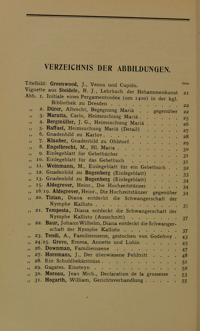 VERZEICHNIS DER ABBILDUNGEN. Titelbild: Greenwood, J., Venus und Cupido. Vignette aus Steidele, R. J., Lehrbuch der Hebammenkunst Abb. i. Initiale eines Pergamentcodex (um 1400) in der kgl. Bibliothek zu Dresden . ” 2- DÜrer, Albrecht, Begegnung Mariä . . gegenüber ,, 3- Maratta, Carlo, Heimsuchung Mariä ,, 4. Bergmüller, J. G., Heimsuchung Mariä ,, 5. Raffael, Heimsuchung Mariä (Detail) ,, 6. Gnadenbild zu Karlov >> 7- Klauber, Gnadenbild zu Ohlstorf „ 8. Engelbrecht, M., Hl. Maria * ' ,, 9. Einlegeblatt für Gebetbücher ,, 10. Einlegeblatt für das Gebetbuch ,, 11. Weinmann, M., Einlegeblatt für ein Gebetbuch . . ,, 12. Gnadenbild zu Bogenberg (Einlegeblatt) . . . . ,, 13. Gnadenbild zu Bogenberg (Einlegeblatt) }f I5- Aldegrever, Heinr., Die Hochzeitstänzer . ,, 16/19. Aldegrever, Heinr., Die Hochzeitstänzer gegenüber ,, 20. Tizian, Diana entdeckt die Schwangerschaft der Nymphe Kallisto ,, 21. Tempesta, Diana entdeckt die Schwangerschaft der Nymphe Kallisto (Ausschnitt) ,, 22. Baur, Johann Wilhelm, Diana entdeckt die Schwanger- schaft der Nymphe Kallisto » 23. Tendi, A., Familienszene, gestochen von Godefroy . ,, 24/25- Greve, Emma, Annette und Lubin ,, 26. Downrnan, Familienszene ,, 27. Horemans, J., Der überwiesene Fehltritt .... ,, 28. Ein Schuldbekäntnüss ,, 29. Gagates. Einsteyn ,, 30. Moreau, Jean Mich., Declaration de la grossesse ,, 31. Hogarth, William, Gerichtsverhandlung Seite 21 22 22 25 26 27 28 29 30 31 31 32 33 34 34 34 35 37 37 43 45 47 48 51 52 53 55