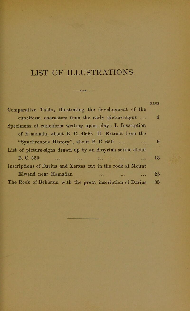 LIST OF ILLUSTRATIONS. PAGE Comparative Table, illustrating the development of the cuneiform characters from the early picture-signs ... 4 Specimens of cuneiform writing upon clay : I. Inscription of E-annadu, about B. C. 4500. II. Extract from the “Synchronous History”, about B. C. 650 ... ... 9 List of picture-signs drawn up by an Assyrian scribe about B. C. 650 ... ... ... ... ... 13 Inscriptions of Darius and Xerxes cut in the rock at Mount Elwend near Hamadan ... ... ... 25 The Rock of Behistun with the great inscription of Darius 35