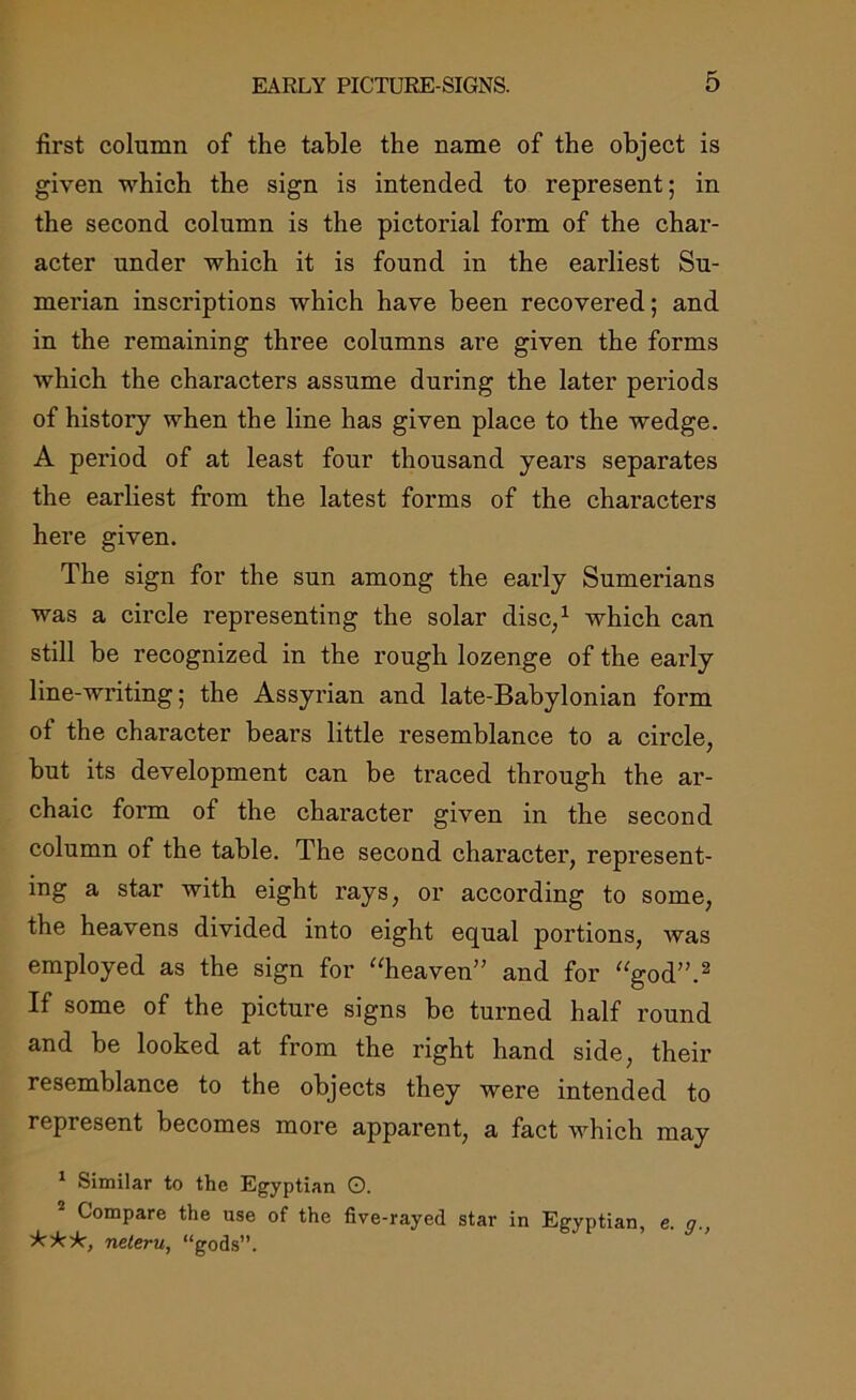 first column of the table the name of the object is given which the sign is intended to represent; in the second column is the pictorial form of the char- acter under which it is found in the earliest Su- merian inscriptions which have been recovered; and in the remaining three columns are given the forms which the characters assume during the later periods of history when the line has given place to the wedge. A period of at least four thousand years separates the earliest from the latest forms of the characters here given. The sign for the sun among the early Sumerians was a circle representing the solar disc/ which can still be recognized in the rough lozenge of the early line-writing; the Assyrian and late-Babylonian form of the character bears little resemblance to a circle, but its development can be traced through the ar- chaic form of the character given in the second column of the table. The second character, represent- ing a star with eight rays, or according to some, the heavens divided into eight equal portions, was employed as the sign for “heaven” and for “god”.2 If some of the picture signs be turned half round and be looked at from the right hand side, their resemblance to the objects they were intended to represent becomes more apparent, a fact which may 1 Similar to the Egyptian O. 2 Compare the use of the five-rayed star in Egyptian, e. a., 'k'k'k, neteru, “gods”.