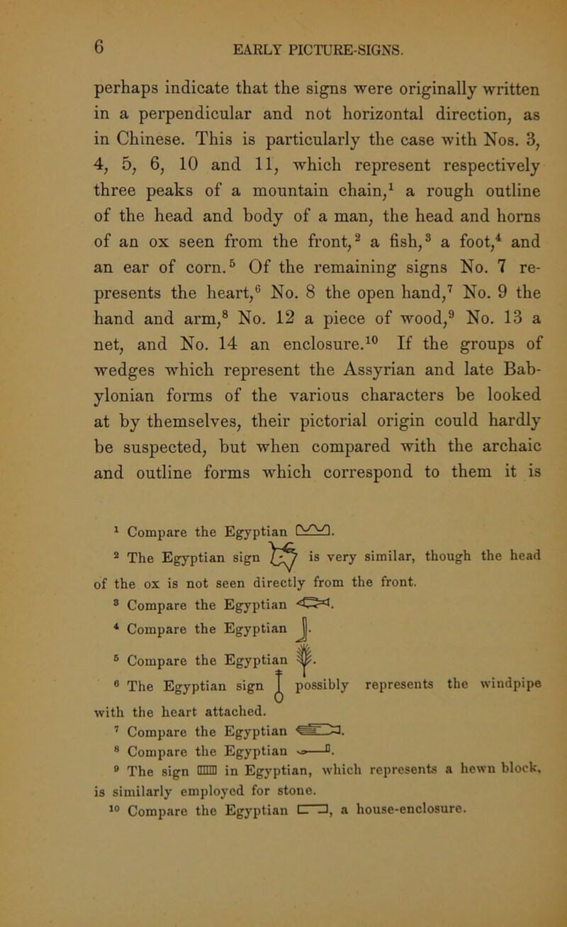 perhaps indicate that the signs were originally written in a perpendicular and not horizontal direction, as in Chinese. This is particularly the case with Nos. 3, 4, 5, 6, 10 and 11, which represent respectively three peaks of a mountain chain,1 a rough outline of the head and body of a man, the head and horns of an ox seen from the front,2 a fish,3 a foot,4 and an ear of corn.5 Of the remaining signs No. 7 re- presents the heart,0 No. 8 the open hand,7 No. 9 the hand and arm,8 No. 12 a piece of wood,9 No. 13 a net, and No. 14 an enclosure.10 If the groups of wedges which represent the Assyrian and late Bab- ylonian forms of the various characters be looked at by themselves, their pictorial origin could hardly be suspected, but when compared with the archaic and outline forms which correspond to them it is 1 Compare the Egyptian CVYfl 2 The Egyptian sign is very similar, though the head of the ox is not seen directly from the front. 3 Compare the Egyptian * Compare the Egyptian J. 5 Compare the Egyptian |j|. possibly represents the windpipe 6 The Egyptian sign ■with the heart attached. I 7 Compare the Egyptian 8 Compare the Egyptian 9 The sign HUE] in Egyptian, which represents a hewn block, is similarly employed for stone. 10 Compare the Egyptian i— -J, a house-enclosure.