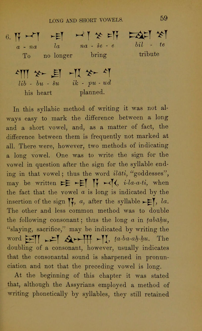 LONG AND SHORT VOWELS. o. -El I r tjf fc&pT ‘A! a - na la na - se - e HI - te To no longer bring tribute *TTT M -;TI *T lib - bio - Su ik - 2m ~ ud his heart planned. In this syllabic method of writing it was not al- ways easy to mark the difference between a long and a short vowel, and, as a matter of fact, the difference between them is frequently not marked at all. There were, however, two methods of indicating a long vowel. One was to write the sign for the vowel in question after the sign for the syllable end- ing in that vowel; thus the word ilati, “goddesses”, may be written £:£: i-la-a-ti, when the fact that the vowel a is long is indicated by the insertion of the sign a, after the syllable la. The other and less common method was to double the following consonant; thus the long a in tabdhu, “slaying, sacrifice,” may be indicated by writing the word ta-ba-ah-hu. The doubling of a consonant, however, usually indicates that the consonantal sound is sharpened in pronun- ciation and not that the preceding vowel is long. At the beginning of this chapter it was stated that, although the Assyrians employed a method of writing phonetically by syllables, they still retained