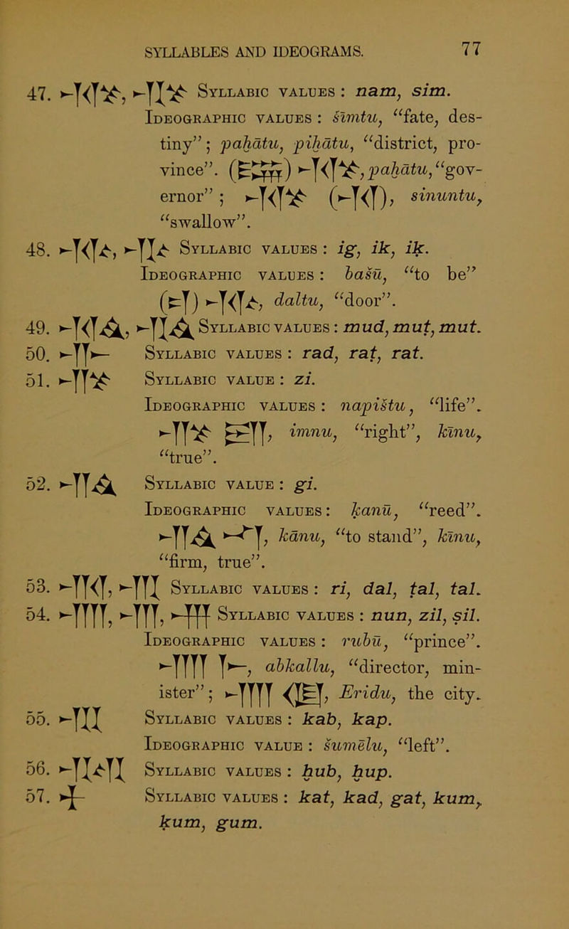 47. -!<’[¥', Syllabic values : nam, sim. Ideographic values : Hmtu, “fate, des- tiny” ; pahatu, pihdtu, “district, pro- vince”. (F^yn) “gov- ernor” 5 -T<T* H<T) , sinuntuy “swallow”. 48. »-y^y^, ^ Syllabic values : ig, ik, ik. Ideographic values : basu, “to be” (Crjj daltu, “door”. 49. -y<y^, -yj^ Syllabic values : mud, mut, mut. 50. ^ Syllabic values : rad, rat, rat. 51. -TT* Syllabic value : zi. Ideographic values: napistu, “life”, -yy^ SSSff, imnu, “right”, kinuy “true”. ^ 52. -TTA Syllabic value : gi. Ideographic values: kanu, “reed”, -jy^ *“^~y, kanu, “to stand”, kinu, “firm, true”. 53. -TT<T. —TTI Syllabic values : ri, dal, tal, taL 54. -TTTT. -TH. ►ffi Syllabic values : nun, zil, sil. Ideographic values : rubu, “prince”. -TUT T ►—, abkallu, “director, min- ister” ; -TTTT <11- Eridu, the city. 55. -Til Syllabic values : kab, kap. Ideographic value : sumelu, “left”. 56. -TMI Syllabic values : hub, hup. 57. Syllabic values : kat, kad, gat, kumy kum, gum.