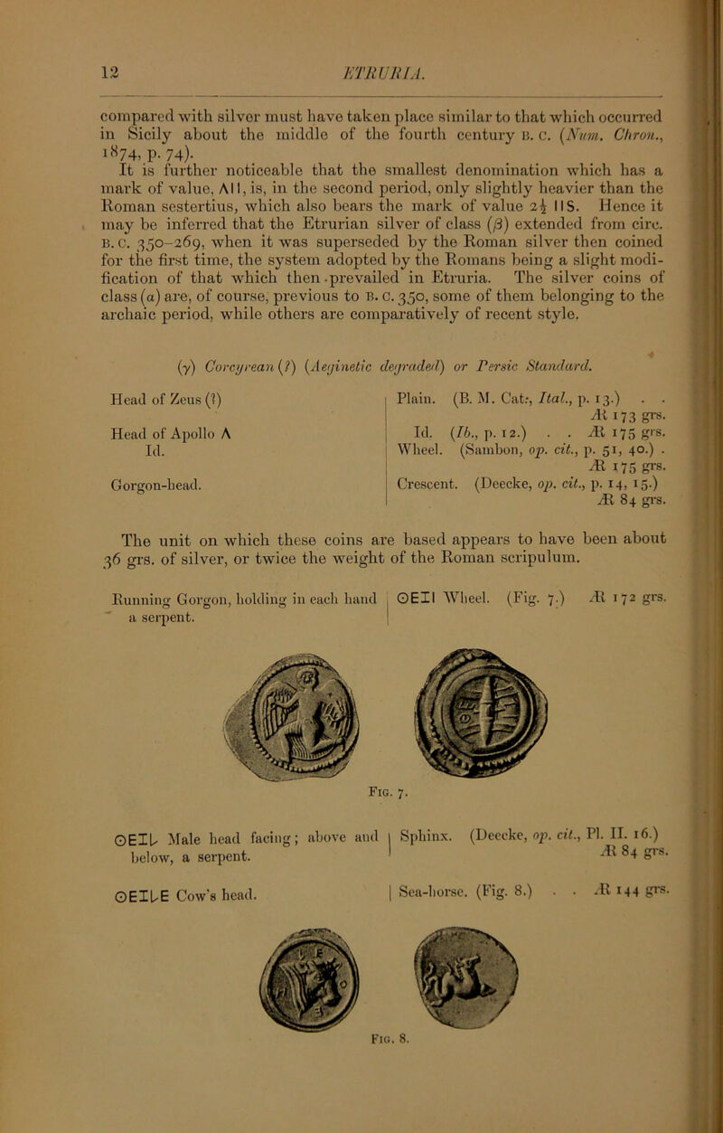 compared with silvor must have taken place similar to that which occurred in Sicily about the middle of the fourth century B, c. (Nnm. Chron., i874, p. 74). It is further noticeable that the smallest denomination which has a mark of value, All, is, in the second period, only slightly heavier than the Roman sestertius, which also bears the mark of value i\ IIS. Hence it may be inferred that tho Etrurian silver of class (/3) extended from circ. B. c. 350-269, when it was superseded by the Roman silver then coined for the first time, the system adopted by the Romans being a slight modi- fication of that which then-prevailed in Etruria. Tho silver coins of class (a) are, of course, previous to B. c. 350, some of them belonging to the archaic period, while others are comparatively of recent style. (y) Gorcyrean (?) (Aetjinebic degraded) or Persic Standard. Head of Zeus (1) Head of Apollo A Id. Gorgon-head. Plain. (B. M. Cat:, Ital., p. 13.) . . Hi 173 grs. Id. (76., p. 12.) . . Ht 175 grs. Wheel. (Sambon, op. cit., p. 51, 40.) . Ht 175 grs. Crescent. (Deecke, op. cit., p. 14, 15.) yR 84 grs. The unit on which these coins are based appears to have been about 36 grs. of silver, or twice the weight of the Roman scripulum. Running Gorgon, holding in each hand , OEII Wheel. (Fig- 7-) JR i72Srs- a serpent. OEIU Male head facing; above and below, a serpent. 7- Sphinx. (Deecke, op. cit., PI. II. 16.) yR 84 grs. OEIUE Cow’s head. | Sea-horse. (Fig. 8.) Fig. 8. -R 144 grs-