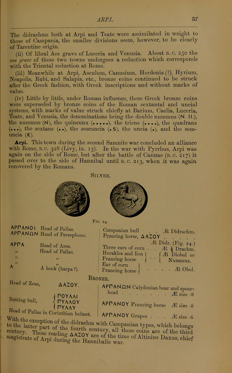 The didrachms both at Arpi and Teate were assimilated in weight to those of Campania, the smaller divisions seem, however, to be clearly of Tarentine origin. (ii) Of libral Aes grave of Luceria and Venusia. About b. c. 250 the aes grave of these two towns undergoes a reduction which corresponds with the Triental reduction at Rome. (iii) Meanwhile at Arpi, Asculum, Canusium, Herdonia (I), Hyrium, Neapolis, Rubi, and Salapia, etc., bronze coins continued to be struck after the Greek fashion, with Greek inscriptions and without marks of value. (iv) Little by little, under Roman influence, these Greek bronze coins Avere superseded by bronze coins of the Roman sextantal and uncial systems, with marks of value struck chiefly at Barium, Caelia, Luceria, Teate, and Venusia, the denominations being the double nummus (N. II.), the nummus (N), the quincunx ( ), the triens (....), the quadrans (...), the sextans (..), the sescuncia (. S), the uncia (.), and the sem- uncia {%.). Arpi. This town during the second Samnite war concluded an alliance with Rome, B.c. 326 (Livy, ix. 13). In the war with Pyrrhus, Arpi was again on the side of Rome, but after the battle of Cannae (b. c. 217) it passed over to the side of Hannibal until b. c. 213, when it was again recovered by the Romans. Silver. APPANOS Head of Pallas. A P P A N f2 N Head of Persephone. APPA Head of Ares. » Head of Pallas. 9) A hook (harpa ?). Head of Zeus, AAIOY. Butting bull, (POYAAI < PYAAOY „ , ( pyaay Head of Pallas in Corinthian helmet. PYg. 24. j Campanian bull . . JR Didrachm. Prancing horse, AAIOY At Didr. (Fig. 24.) Thiee ears of corn . . At ^ Drachm. Herakles and lion | f At Diobol or Prancing horse / j Nummus. Ear of corn } Prancing horse J * ' ' * At Obol. Bronze. APP ANHN Calydonian boar and spear- head M size -8 APPANOY Prancing horse AS size -8 With the  APPANOY Grapes . . . M size -6 to the latterepartnofftho (iKlrf^m Yltil Campanian types, which belongs century. ThoseVarlW I°ft^vcentul7' a11 these co“s nre of the thi?d magistrate of Arpi durifg the HanXlic war“ °f AHmil,s Daxus> ^