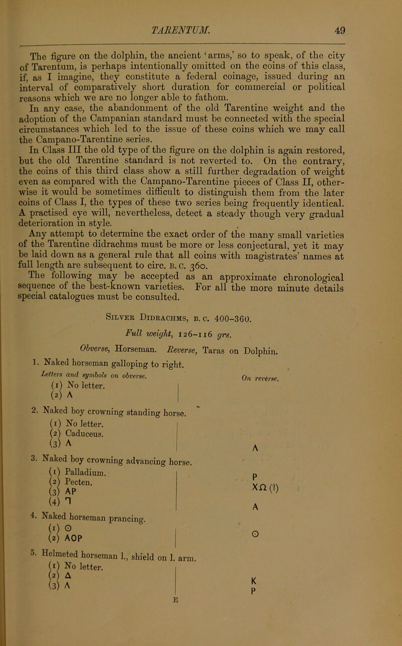 The figure on the dolphin, the ancient ‘arms,’ so to speak, of the city of Tarentum, is perhaps intentionally omitted on the coins of this class, if, as I imagine, they constitute a federal coinage, issued during an interval of comparatively short duration for commercial or political reasons which we are no longer able to fathom. In any case, the abandonment of the old Tarentine weight and the adoption of the Campanian standard must be connected with the special circumstances which led to the issue of these coins which we may call the Campano-Tarentine series. In Class III the old type of the figure on the dolphin is again restored, but the old Tarentine standard is not reverted to. On the contrary, the coins of this third class show a still further degradation of weight even as compared with the Campano-Tarentine pieces of Class II, other- wise it would be sometimes difficult to distinguish them from the later coins of Class I, the types of these two series being frequently identical. A practised eye will, nevertheless, detect a steady though very gradual deterioration in style. Any attempt to determine the exact order of the many small varieties of the Tarentine didrachms must be more or less conjectural, yet it may be laid down as a general rule that all coins with magistrates’ names at full length are subsequent to circ. b. c. 360. The following may be accepted as an approximate chronological sequence of the best-known varieties. For all the more minute details special catalogues must be consulted. Silver Didrachms, b. c. 400-360. Full weight, 126-116 grs. Obverse, Horseman. Reverse, Taras on Dolphin. 1. Naked horseman galloping to right. Letters and symbols on obverse. Qn reversgi (1) No letter. (2) A 2. Naked boy crowning standing horse. (1) No letter. (2) Caduceus. (3) A 3. Naked boy crowning advancing horse. (1) Palladium. (2) Pecten. (3) AP (4) n 4. Naked horseman prancing1 (1) © (2) AOP 5. Helmeted horseman 1., shield on 1. arm. (*) No letter. (*) A (3) A E A P Xfl(l) A O K P
