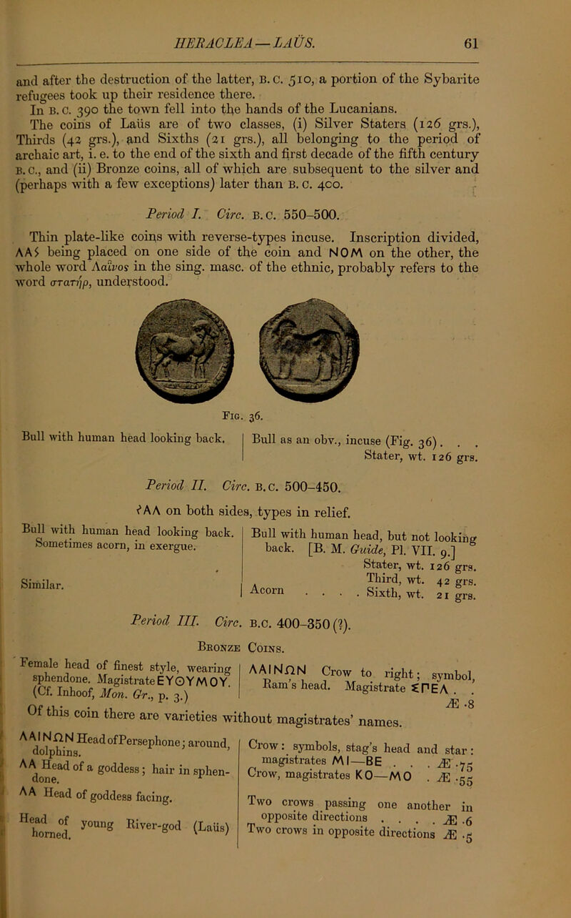 and after the destruction of the latter, B. C. 510, a portion of the Sybarite refugees took up their residence there. In B. C. 390 the town fell into the hands of the Lucanians. The coins of Laiis are of two classes, (i) Silver Staters (126 grs.), Thirds (42 grs.), and Sixths (21 grs.), all belonging to the period of archaic art, i. e. to the end of the sixth and first decade of the fifth century b. c., and (ii) Bronze coins, all of which are subsequent to the silver and (perhaps with a few exceptions) later than b. c. 400. Period I. Circ. B.C. 550-500. Thin plate-like coiqs with reverse-types incuse. Inscription divided, AA$ being placed on one side of the coin and NOM on the other, the whole word Acuvos in the sing. masc. of the ethnic, probably refers to the word orcmjp, understood. Fig. 36. Bull with human head looking back. Bull as an obv., incuse (Fig. 36). Stater, wt. 126 grs. Bull with human head looking back. Sometimes acorn, in exergue Similar. Period 11. Circ. b.c. 500-450. f A A on both sides, types in relief. Bull with human head, but not looking back. [B. M. Guide, PI. VII. 9.] & Stater, wt. 126 grs. Third, wt. 42 grs. Acorn . . . .Sixth, wt, 21 grs. Period III. Circ. b.c. 400-350 (1). Bronze Coins. Female head of finest style, wearing sphendone. Magistrate E Y O Y M 0 Y (Cf. Inhoof, Mon. Gr., p. 3.) Of this com there are varieties without magistrates’ names. AAINHN Crow to right; symbol, Bams head. Magistrate tPEA . M -8 A AIN n N Head of Persephone; around dolphins. ’ A A Head of a goddess; hair in sphen- done. A A Head of goddess facing. “home! y°“g River'g0tl (Lotts> Crow: symbols, stag’s head and star : magistrates Ml—BE . . . M->7* Crow, magistrates KO—MO . M .55 Two crows passing one another in opposite directions . . . .g Two crows in opposite directions JE .5