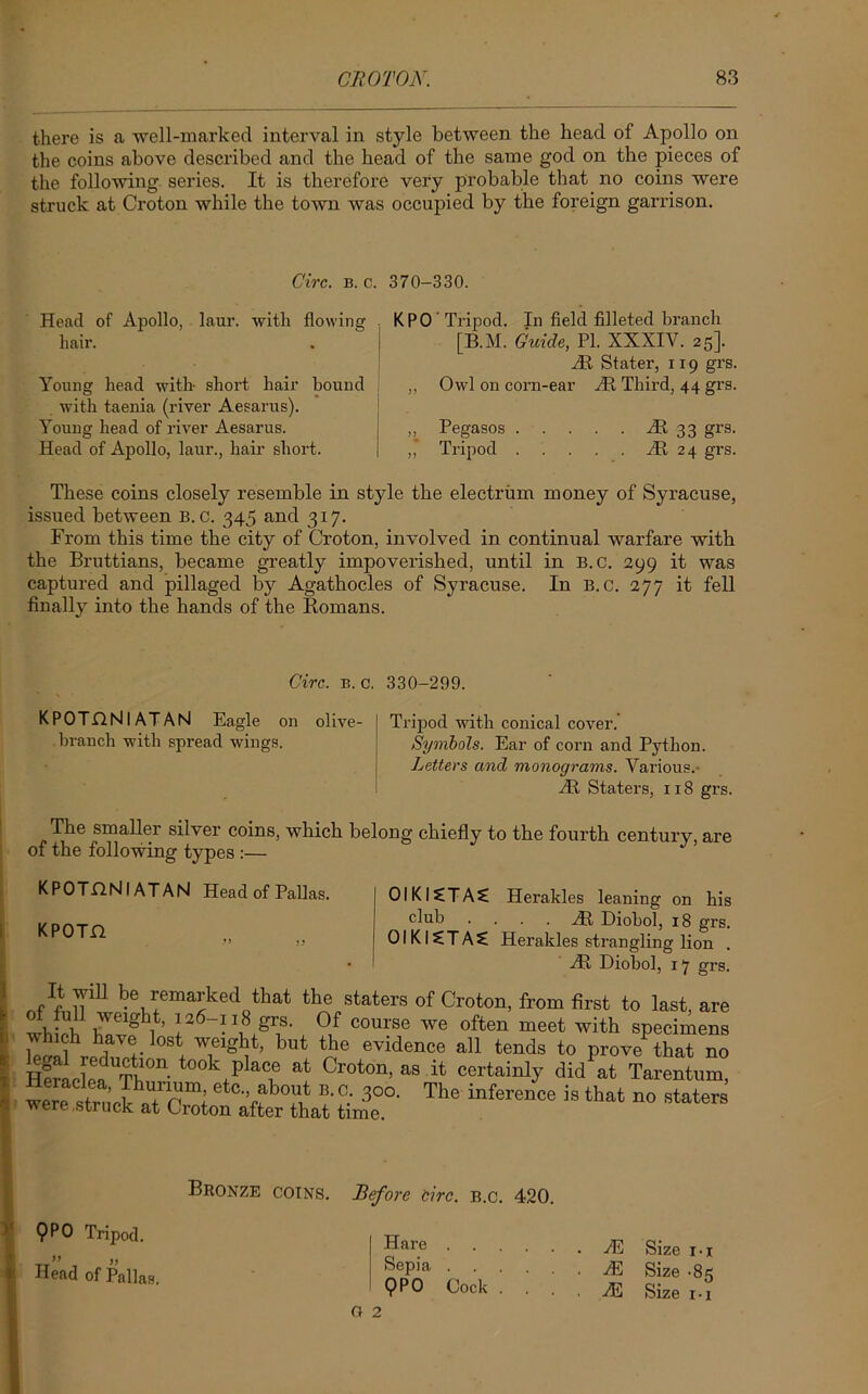 there is a •well-marked interval in style between the head of Apollo on the coins above described and the head of the same god on the pieces of the following series. It is therefore very probable that no coins were struck at Croton while the town was occupied by the foreign garrison. Circ. B. c. 370-330. Head of Apollo, laur. with flowing hair. Young head with- short hair bound with taenia (river Aesarus). Youug head of river Aesarus. Head of Apollo, laur., hair short. K P 0 Tripod. In field filleted branch [B.M. Guide, PL XXXIY. 25]. At Stater, 119 grs. ,, Owl on corn-ear At Third, 44 grs. ,, Pegasos At 33 grs. ,* Tripod . . . . . At 24 grs. These coins closely resemble in style the electrum money of Syracuse, issued between B. c. 345 and 317. From this time the city of Croton, involved in continual warfare with the Bruttians, became greatly impoverished, until in B.c. 299 it was captured and pillaged by Agathocles of Syracuse. In b.c. 277 it fell finally into the hands of the Romans. Circ. b. c. 330-299. KPOTONI AT AN Eagle on olive- branch with spread wings. Tripod with conical cover. Symbols. Ear of corn and Python. Letters and monograms. Various.- At Staters, 118 grs. The smaller silver coins, which belong chiefly to the fourth century, are of the following types :— KPOTflNl ATAN Head of Pallas. OIKISTAS Herakles leaning on his ^pnTn club • • - . At Diohol, 18 grs. ■” ’> OIK I STAS Herakles strangling lion . At Diohol, 17 grs. 'iU be remarked that the staters of Croton, from first to last, are xvhicB T'veigh1t’ *26~”8 g1®- 0f course we often meet with specimens ch have lost weight, but the evidence all tends to prove that no H?rLLeaUTh0n t0°k+plaT &t Cr°ton’ aS certainlY did^t Tarentum, The inWe is that “ ^ 9P0 Tripod. >> ,, Head of Pallas. Before eirc. b.c. 420. AH Size r • x AH Size -85 AH Size r • 1 Hare . Sepia . 9PO Cock . Bronze coins.