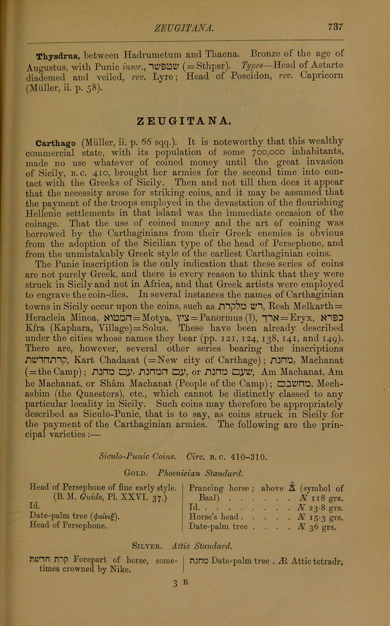 Th.ysd.rus, between Hadrumetum and Thaena. Bronze of the age of Augustus, with Punic inscr., (= Sthpsr). Types—Head of Astarte diademed and veiled, rev. Lyre; Head of Poseidon, rev. Capricorn (Muller, ii. p. 58). ZEUGITANA. Carthago (Muller, ii. p. 66 sqq.). It is noteworthy that this wealthy commercial state, with its population of some 700,000 inhabitants, made no use whatever of coined money until the great invasion of Sicily, b. c. 410, brought her armies for the second time into con- tact with the Greeks of Sicily. Then and not till then does it appear that the necessity arose for striking coins, and it may be assumed that the payment of the troops employed in the devastation of the flourishing Hellenic settlements in that island was the immediate occasion of the coinage. That the use of coined money and the art of coining was borrowed by the Carthaginians from their Greek enemies is obvious from the adoption of the Sicilian type of the head of Persephone, and from the unmistakably Greek style of the earliest Carthaginian coins. The Punic inscription is the only indication that these series of coins are not purely Greek, and there is every reason to think that they were struck in Sicily and not in Africa, and that Greek artists were employed to engrave the coin-dies. In several instances the names of Carthaginian towns in Sicily occur upon the coins, such as t£H, Resh Melkarth= Heracleia Minoa, NltOEH = Motya, = Panormus (?), -pN:=Eryx, JODD Kfra (Kaphara, Village) = Solus. These have been already described under the cities whose names they bear (pp. 121, 124,138, 141, and 149). There are, however, several other series bearing the inscriptions .niiHrirnp, Kart Chadasat ( = New city of Carthage); JOnD, Machanat ( =the Camp); rmo JUnDn OJ7, or TITO qyttf, Am Machanat, Am he Machanat, or Sham Machanat (People of the Camp); Dl^PID, Mech- asbim (the Quaestors), etc., which cannot be distinctly classed to any particular locality in Sicily. Such coins may therefore be appropriately described as Siculo-Punic, that is to say, as coins struck in Sicily for the payment of the Carthaginian armies. The following are the prin- cipal varieties:— Siculo-Punic Coins. Circ. b. c. 410-310. Gold. Phoenician Standard. Head of Persephone of fine early style (B. M. Guide, PI. XXVI. 37.) Id. Date-palm tree (<£oiVt£). Head of Persephone. Prancing horse ; above A (symbol of Baal) A 118 grs. Id K 23-8 grs. Horse’s head K 15-3 grs. Date-palm tree . . . . K 36 grs. ntiHn nip Forepart of horse, some- times crowned by Nike. Silver. Attic Standard. n:m Date-palm tree . At Attic tetradr. B