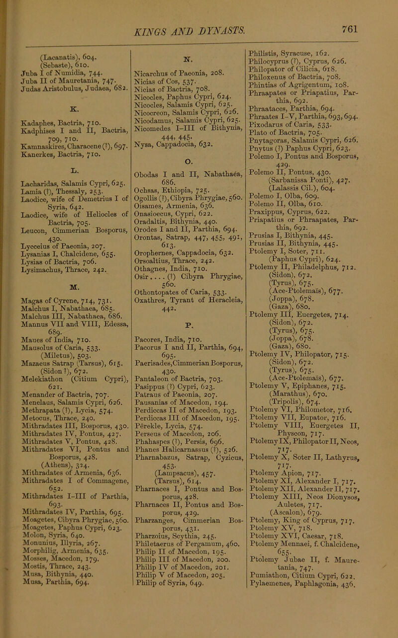 KINGS AND DYNASTS. (Lacanatis), 604. (Sebaste), 010. Juba I of Numidia, 744. Juba II of Mauretania, 747. Judas Aristobulus, Judaea, 6S2. K. Kadaphes, Bactria, 710. Kadpliises I and II, Bactria, 709, 710. Kamnaskires, Cliaracene(?), 097. Kanerkes, Bactria, 710. L. Lacbaridas, Salamis Cypri, 625. Laniia (?), Thessaly, 253. Laodice, wife of Demetrius I of Syria, 642. Laodice, wife of Heliocles of Bactria, 705. Leucon, Cimmerian Bosporus, 430. Lycceius of Paeonia, 207. Lysanias I, Chalcidene, 655. Lysias of Bactria, 706. Lysimachus, Thrace, 242. M. Magas of Cyrene, 714, 731. Malchus I, Nabathaea, 685. Malchus III, Nabathaea, 686. Mannus VII and VIII, Edessa, 689. Maues of India, 7Io. Mausolus of Caria, 533. (Miletus), 503. Mazaeus Satrap (Tarsus), 615. (Sidon ?), 672. Melekiathon (Citium Cypri), 621. Menander of Bactria, 707. Menelaus, Salamis Cypri, 626. Methrapata (?), Lycia, 574. Metocus, Thrace, 240. Mithradates III, Bosporus, -| 30. Mithradates IV, Pontus, 427. Mithradates V, Pontus, 428. Mithradates VI, Pontus and Bosporus, 428. (Athens), 324. Mithradates of Armenia, 636. Mithradates I of Commagene, 652. Mithradates I-III of Parthia, 693- Mithradates IV, Parthia, 695. Moagetes, Cibyra Phrygiae, 560. Moagetes, Paphus Cypri, 623. Molon, Syria, 640. Monunius, Illyria, 267. Morphilig, Armenia, 635. Mosses, Macedon, 179. Mostis, Thrace, 243. Musa, Bithynia, 440. Musa, Parthia, 694. N. Nicarclius of Paeonia, 208. Nicias of Cos, 537. Nicias of Bactria, 7°S- Nicocles, Paphus Cypri, 624. Nicocles, Salamis Cypri, 625. Nicocreon, Salamis Cypri, 626. Nicodamus, Salamis Cypri, 625. Nicomedes I-III of Bithynia, 444» 445- Nysa, Cappadocia, 632. O. Obodas I and II, Nabathaea, 686. Ochsas, Ethiopia, 725- Ogollis (?), Cibyra Phrygiae, 560. Oisames, Armenia, 636. Onasioecus, Cypri, 622. Oradaltis, Bithynia, 440. Orodes I and II, Parthia, 694. Orontas, Satrap, 447, 455, 491, 613. Orophernes, Cappadocia, 632. Orsoaltius, Thrace, 242. Othagnes, India, 710. Osir....(?) Cibyra Phrygiae, 560. Othontopates of Caria, 533. Oxathres, Tyrant of Heracleia, 442. P. Pacores, India, 710. Pacorus I and II, Parthia, 694, 695. Paerisades,Cimmerian Bosporus, 43°- Pantaloon of Bactria, 703. Pasippus (?) Cypri, 623. Patraus of Paeonia, 207. Pausanias of Macedon, 194. Perdiccas II of Macedon, 193. Perdiccas III of Macedon, 195. Perekle, Lycia, 574. Perseus of Macedon, 206. Phahaspes (?), Persis, 696. Phanes Halicarnassus (?), 526. Pharnabazus, Satrap, Cyzicus, 453- (Lampsacus), 457. (Tarsus), 614. Pharnaces I, Pontus and Bos- porus, 428. Pharnaces II, Pontus and Bos- porus, 429. Pharzanges, Cimmerian Bos- porus, 431. Pharzoius, Scythia, 245. Philetaerus of Pergamum, 460. Philip II of Macedon, 195. Philip III of Macedon, 200. Philip IV of Macedon, 201. Philip V of Macedon, 205. Philip of Syria, 649. Philistis, Syracuse, 162. Philocyprus (?), Cyprus, 626. Philopator of Cilicia, 618. Philoxenus of Bactria, 708. Phintias of Agrigentum, 108. Phraapates or Priapatius, Par- thia, 692. Phraataces, Parthia, 694. Phraates I-V, Parthia, 693,694. Pixodarus of Caria, 533. Plato of Bactria, 705. Pnytagoras, Salamis Cypri, 626. Pnytus (?) Paphus Cypri, 623. Polemo I, Pontus and Bosporus, 429. Polemo II, Pontus, 430. (Sarbanissa Ponti), 427. (Lalassis Cil.), 604. Polemo I, Olba, 609. Polemo II, Olba, 610. Praxippus, Cyprus, 622. Priapatius or Phraapates, Par- thia, 692. Prusias I, Bithynia, 445. Prusias II, Bithynia, 445. Ptolemy I, Soter, 711. (Paphus Cypri), 624. Ptolemy II, Philadelphus, 712. (Sidon), 672. (Tyrus), 675. (Ace-Ptolemais), 677. (Joppa), 678. (Gaza), 680. Ptolemy III, Euergetes, 714. (Sidon), 672. (Tyrus), 675. (Joppa), 678. (Gaza), 680. Ptolemy IV, Philopator, 71 s. (Sidon), 672. (Tyrus), 675. (Ace-Ptolemais), 677. Ptolemy V, Epiphanes, 715. (Marathus), 670. (Tripolis), 674. Ptolemy VI, Philometor, 716. Ptolemy VII, Eupator, 716. Ptolemy VIII, Euergetes II, Physcon, 717. Ptolemy IX, Philopator II, Neos, 7*7- Ptolemy X, Soter II, Lathyrus, 717. Ptolemy Apion, 717. Ptolemy XI, Alexander I, 717. Ptolemy XII, Alexander II, 717. Ptolemy XIII, Neos Dionysos, Auletes, 717. (Ascalon), 679. Ptolemy, King of Cyprus, 717. Ptolemy XV, 718. Ptolemy XVI, Caesar, 718. Ptolemy Mennaei, f. Chalcidene, 655. Ptolemy Jubae II, f. Maure- tania, 747. Pumiathon, Citium Cypri, 622. Pylaemenes, Paphlagonia, 436.