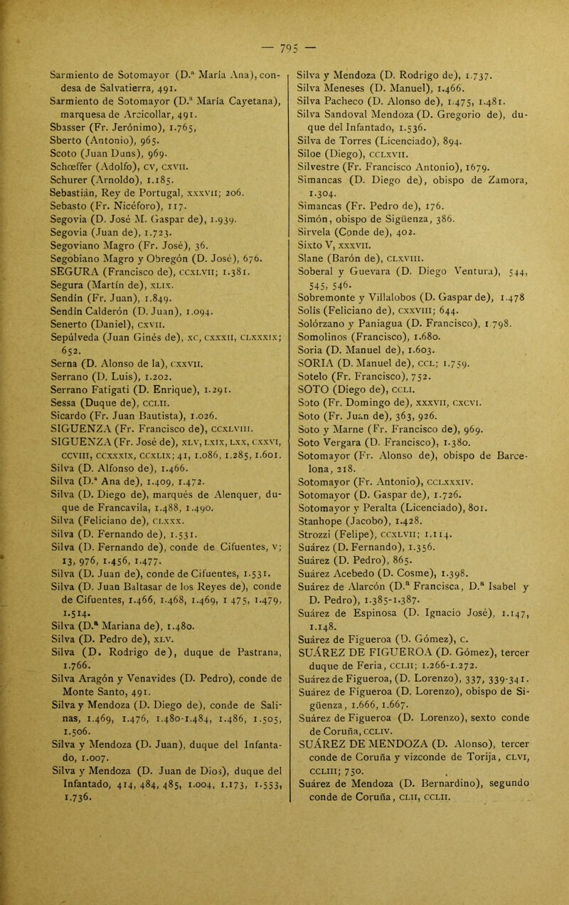 Sarmiento de Sotomayor (D.“ María Ana), con- desa de Salvatierra, 491. Sarmiento de Sotomayor (D.“ María Cayetana), marquesa de Arcicollar, 491. Sbasser (Fr. Jerónimo), 1.765, Sberto (Antonio), 965. Scoto (Juan Duns), 969. Schoeffer (Adolfo), cv, cxvii. Schurer (Amoldo), 1.185. Sebastián, Rey de Portugal, xxxvii; 206. Sebasto (Fr. Nicéforo), 117. Segovia (D. José M. (Jaspar de), 1.939. Segovia (Juan de), 1.723. Segoviano Magro (Fr. José), 36. Segobiano Magro y Obregón (D. José), 676. SEGURA (Francisco de), ccxlvii; 1.381. Segura (Martín de), xux. Sendin (Fr. Juan), 1.849. Sendin Calderón (D. Juan), 1.094. Senerto (Daniel), cxvii. Sepúlveda (Juan Ginés de), xc, cxxxii, ci.xxxix; 652. Serna (D. Alonso de la), cxxvii. Serrano (D. Luis), 1.202. Serrano Fatigati (D. Enrique), 1.291. Sessa (Duque de), cclii. Sicardo (Fr. Juan Bautista), 1.026. SIGUENZ.\ (Fr. Francisco de), ccxlviii. SIGUENZA (Fr. José de), xlv, l.xix, lxx, cxxvi, ccviii, CCX.XXI.X, ccxLix; 41, 1.086, 1.285,1.601. Silva (D. Alfonso de), 1.466. Silva (D.“ Ana de), 1.409, r.472. Silva (D. Diego de), marqués de Alenquer, du- que de Francavila, 1.488, 1.490. Silva (Feliciano de), clxxx. Silva (D. Fernando de), 1.531. Silva (D. Fernando de), conde de Cifuentes, v; 13, 976, 1.456, 1.477. Silva (D. Juan de), conde de Cifuentes, 1.531. Silva (D. Juan Baltasar de los Reyes de), conde de Cifuentes, 1.466, 1.468, 1.469, i 475, 1.479, 1.514. Silva (D.® Mariana de), 1.480. Silva (D. Pedro de), xlv. Silva (D. Rodrigo de), duque de Pastrana, 1.766. Silva Aragón y Venavides (D. Pedro), conde de Monte Santo, 491. Silva y Mendoza (D. Diego de), conde de Sali- nas, 1.469, 1.476, 1.480-1.484, 1.486, 1.505, 1.506. Silva y Mendoza (D. Juan), duque del Infanta- do, t.007. Silva y Mendoza (D. Juan de Dios), duque del Infantado, 414,484,485, 1.004, i.i73, i-553, 1.736. Silva y Mendoza (D. Rodrigo de), 1.737. Silva Meneses (D. Manuel), 1.466. Silva Pacheco (D. Alonso de), i-475, 1.481. Silva Sandoval Mendoza (D. Gregorio de), du- que del Infantado, 1.536. Silva de Torres (Licenciado), 894. Siloe (Diego), cclxvii. Silvestre (Fr. Francisco Antonio), 1679. Simancas (D. Diego de), obispo de Zamora, 1.304. Simancas (Fr. Pedro de), 176. Simón, obispo de Sigüenza, 386. Sirvela (Conde de), 402. Sixto V, XXXVII. Slane (Barón de), clxviii. Soberal y Guevara (D. Diego Ventura), 544, 545, 546- Sobremonte y Villalobos (D. Gaspar de), 1.478 Solis (Feliciano de), c.xxviii; 644. Solórzano y Paniagua (D. Francisco), 1.798. Somolinos (Francisco), 1.680. Soria (D. Manuel de), 1.603. SORIA (D. Manuel de), ccl; 1.759. Sotelo (Fr. Francisco), 752. SOTO (Diego de), ccli. Soto (Fr. Domingo de), xxxvii, cxcvi. Soto (Fr. Juan de), 363, 926. Soto y Mame (Fr. Francisco de), 969. Soto Vergara (D. Francisco), 1.380. Sotomayor (Fr. Alonso de), obispo de Barce- lona, 218. Sotomayor (Fr. Antonio), cclxxxiv. Sotomayor (D. Gaspar de), 1.726. Sotomayor y Peralta (Licenciado), 801. Stanhope (Jacobo), 1.428. Strozzi (Felipe), ccxlvii; i.i 14. Suárez (D. Fernando), 1.356. Suárez (D. Pedro), 865. Suárez Acebedo (D. Cosme), 1.398. Suárez de Alarcón (D.® Francisca, D.“ Isabel y D. Pedro), 1.385-1.387. Suárez de Espinosa (D. Ignacio José), 1.147, 1.148. Suárez de Figueroa (D. Gómez), c. SUÁREZ DE FIGUEROA (D. Gómez), tercer duque de Feria, cclii; 1.266-1.272. Suárez de Figueroa, (D. Lorenzo), 337, 339-341. Suárez de Figueroa (D. Lorenzo), obispo de Si- güenza, 1.666,1.667. Suárez de Figueroa (D. Lorenzo), sexto conde de Coruña, ccliv. SUÁREZ DE MENDOZA (D. Alonso), tercer conde de Coruña y vizconde de Torija, clvi, CCLiii; 750. Suárez de Mendoza (D. Bernardino), segundo conde de Coruña, clii, cclii.
