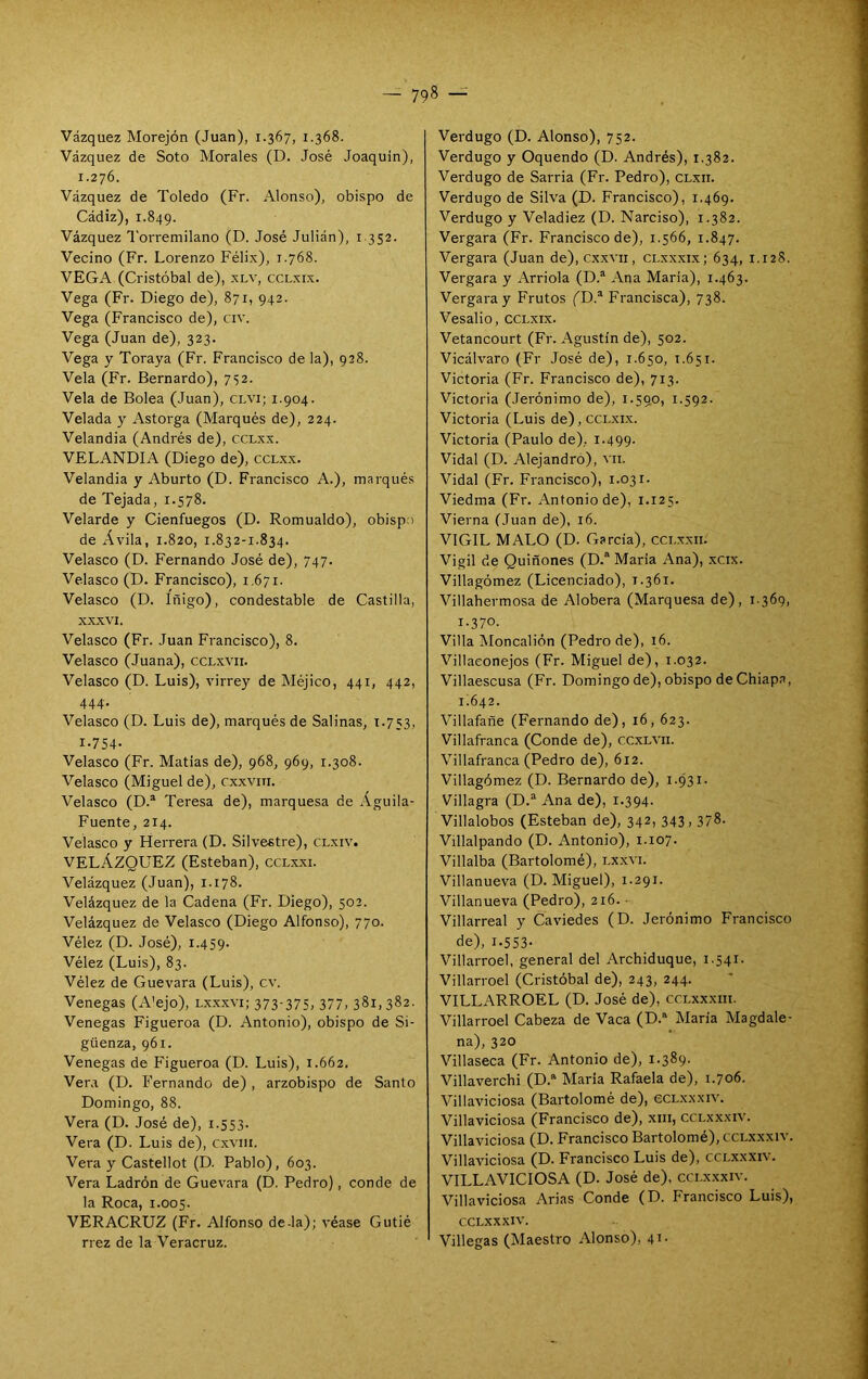 Vázquez Morejón (Juan), 1.367, 1.368. Vázquez de Soto Morales (D. José Joaquín), 1.276. Vázquez de Toledo (Fr. Alonso), obispo de Cádiz), 1.849. Vázquez Torremilano (D. José Julián), i 352. Vecino (Fr. Lorenzo Félix), 1.768. VEGA (Cristóbal de), xlv, cclxix. Vega (Fr. Diego de), 871, 942. Vega (Francisco de), civ. Vega (Juan de), 323. Vega y Toraya (Fr. Francisco de la), 928. Vela (Fr. Bernardo), 752. Vela de Bolea (Juan), clvi; 1.904. Velada y Astorga (Marqués de), 224. Velandia (Andrés de), cclxx. VELANDIA (Diego de), cclxx. Velandia y Aburto (D. Francisco A.), marqué.s de Tejada, 1.578. Velarde y Cienfuegos (D. Romualdo), obisp.) de Avila, 1.820, 1.832-1.834. Velasco (D. Fernando José de), 747. Velasco (D. Francisco), 1,671. Velasco (D. Iñigo), condestable de Castilla, XXXVI. Velasco (Fr. Juan Francisco), 8. Velasco (Juana), cclxvii. Velasco (D. Luis), virrey de Méjico, 441, 442, 444. Velasco (D. Luis de), marqués de Salinas, T.753, 1.754* Velasco (Fr. Matías de), 968, 969, 1.308. Velasco (Miguel de), cxxvni. Velasco (D.® Teresa de), marquesa de Águila- Fuente, 214. Velasco y Herrera (D. Silvestre), clxiv. VELÁZQUEZ (Esteban), cclxxi. Velázquez (Juan), 1.178. Velázquez de la Cadena (Fr. Diego), 502. Velázquez de Velasco (Diego Alfonso), 770. Vélez (D. José), 1.459. Vélez (Luis), 83. Vélez de Guevara (Luis), cv. Venegas (A'ejo), lxxxvi; 373-375, 377, 381, 382. Venegas Figueroa (D. Antonio), obispo de Si- güenza, 961. Venegas de Figueroa (D. Luis), 1.662. Ver.a (D. Fernando de), arzobispo de Santo Domingo, 88. Vera (D. José de), 1.553. Vera (D. Luis de), cxviii. Vera y Castellot (D. Pablo), 603. Vera Ladrón de Guevara (D. Pedro), conde de la Roca, 1.005. VERACRUZ (Fr. Alfonso de.la); véase Gutié rrez de la Veracruz. Verdugo (D. Alonso), 752. Verdugo y Oquendo (D. Andrés), 1.382. Verdugo de Sarria (Fr. Pedro), clxii. Verdugo de Silva (D. Francisco), 1.469. Verdugo y Veladiez (D. Narciso), 1.382. Vergara (Fr. Francisco de), 1.566, 1.847. Vergara (Juan de), c.xxvii, clxxxix; 634, 1.128. Vergara y Arrióla (D.® Ana Maria), 1.463. Vergara y Frutos CD.® Francisca), 738. Vesalio, CCLXIX. Vetancourt (Fr. Agustín de), 502. Vicálvaro (Fr José de), 1.650, 1.651. Victoria (Fr. Francisco de), 713. Victoria (Jerónimo de), 1.590, 1.592. Victoria (Luis de), cclxix. Victoria (Paulo de), 1.499. Vidal (D. Alejandro), vii. Vidal (Fr. Francisco), 1.031. Viedma (Fr. Antonio de), 1.125. Vierna (Juan de), 16. VIGIL MALO (D. García), cclxxii. Vigil de Quiñones (D.®^ Maria Ana), xcix. Villagómez (Licenciado), 1.361. Villahermosa de Alobera (Marquesa de), 1-369, 1.370. Villa Moncalión (Pedro de), 16. Villaconejos (Fr. Miguel de), 1-032. Villaescusa (Fr. Domingo de), obispo de Chiapa, 1Í642. Villafañe (Fernando de), 16, 623. Villafranca (Conde de), ccxlvii. Villafranca (Pedro de), 612. Villagómez (D. Bernardo de), 1.931. Villagra (D.* Ana de), 1.394. Villalobos (Esteban de), 342, 343, 378. Villalpando (D. Antonio), 1.107. Villalba (Bartolomé), lxxvi. Villanueva (D. Miguel), 1.291. Villanueva (Pedro), 216. • Villarreal y Caviedes (D. Jerónimo Francisco de), 1.553- Villarroel, general del Archiduque, 1.541. Villarroel (Cristóbal de), 243, 244. VILLARROEL (D. José de), cclxxxiii. Villarroel Cabeza de Vaca (D.' Maria Magdale- na), 320 Villaseca (Fr. Antonio de), 1.389. Villaverchi (D.”' Maria Rafaela de), 1.706. Villaviciosa (Bartolomé de), ecLxxxiv, Villaviciosa (Francisco de), xiii, cclxxxiv. Villaviciosa (D. Francisco Bartolomé), cclxxxiv. Villaviciosa (D. Francisco Luis de), ccl.xxxiv. VILLAVICIOSA (D. José de), cclxxxiv. Villaviciosa Arias Conde (D. Francisco Luis), cclxxxiv. Villegas (Maestro Alonso), 41-