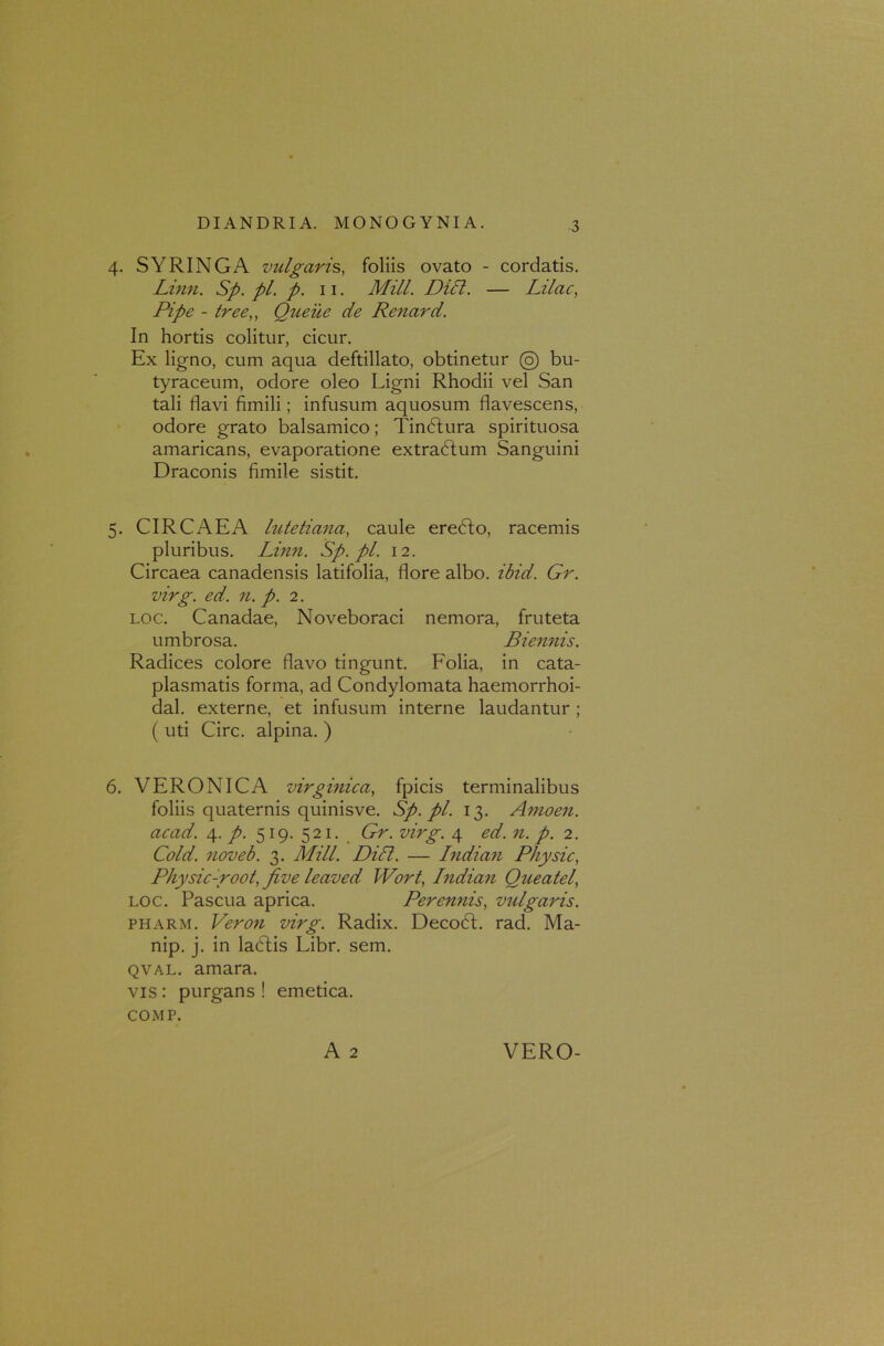 4. SYRINGA vulgaris, foliis ovato - cordatis. Linn. Sp. pl. p. 11. Mill. Dici. — Lilac, Pipe - tree,, Queiie de Renard. In hortis colitur, cicur. Ex ligno, cum aqua deftillato, obtinetur © bu- tyraceum, odore oleo Ligni Rhodii vel San tali flavi fimili; infusum aquosum flavescens, odore grato balsamico; Tindlura spirituosa amaricans, evaporatione extradtum Sanguini Draconis fimile sistit. 5. CIRCAEA lutetiana, caule eredto, racemis pluribus. Linn. Sp.pl. 12. Circaea canadensis latifolia, flore albo. ibid. Gr. virg. ed. n. p. 2. loc. Canadae, Noveboraci nemora, fruteta umbrosa. Biennis. Radices colore flavo tingunt. Folia, in cata- plasmatis forma, ad Condylomata haemorrhoi- dal. externe, et infusum interne laudantur ; ( uti Cire, alpina. ) 6. VERONICA virginica, fpicis terminalibus foliis quaternis quinisve. Sp.pl. 13. Amoen. acad. 4. p. 519. 521. Gr. virg. 4 ed. n. p. 2. Cold. noveb. 3. Mill. Didi. — Indian Phy sic, Physic-root, five leaved Wort, Indian Queatel, loc. Pascua aprica. Peremtis, vulgaris. pharm. Veron virg. Radix. Decodt. rad. Ma- nip. j. in ladtis Libr. sem. qval. amara, vis : purgans ! emetica. COMP.