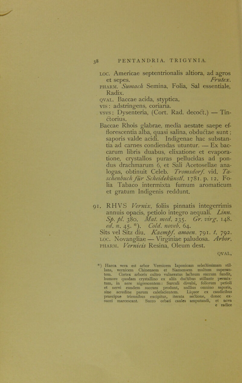 3« loc. Americae septentrionalis altiora, ad agros et sepes. Frutex. pharm. Sumach Semina, Folia, Sal essentiale, Radix. qval. Baccae acida, styptica, vis : adstringens, coriaria. vsvs: Dysenteria, (Cort. Rad. decodt.) — Tin- Ftorius. Baccae Rhois glabrae, media aestate saepe ef- florescentia alba, quasi salina, obcludtae sunt; saporis valde acidi. Indigenae hac substan- tia ad carnes condiendas utuntur. — Ex bac- carum libris duabus, elixatione et evapora- tione, crystallos puras pellucidas ad pon- dus drachmarum 6, et Sali Acetosellae ana- logas, obtinuit Celeb. Tromsdorf. vid. Ta- schenbuch fur Scheidekunstl. 1781. p. 12. Fo- lia Tabaco intermixta fumum aromaticum et gratum Indigenis reddunt. 91. RHVS Vernix, foliis pinnatis integerrimis annuis opacis, petiolo integro aequali. Linn. Sp.pl. 380. Mat. med. 235. Gr. virg. 148. ed. n. 45. *). Cold. noveb. 64. Sits vel Sitz diu. Kaempf. amoen. 791. t. 792. loc. Novangliae — Virginiae paludosa. Arbor. pharm. Vernicis Resina, Oleum dest. QVAL. *) Haeca vera est arbor Vemicem Iaponicam selebtissimam stil- lans, vernicem Chinensem et Siamensem multum superan- tem. Cortex arboris cultro vulneratus ladteum succum fundit, humore quodam crystallino ex aliis duftibus stillante permix- tum, in aere nigrescentem: Surculi divulsi, foliorum petioli et nervi eundem succum produnt, nullius omnino saporis, sine acredine parum calefacientem. Liquor ex caudicibus praecipue triennibus excipitur, iterata sedlione, donec ex- succi marcescant. Succo orbati caules amputandi, et nova e radice