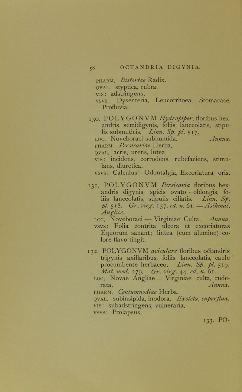 pharm. Bistortae Radix. qval. styptica, rubra, vis: adstringens. vsvs: Dysenteria, Leucorrhoea, Stomacace, Profluvia. 130. POLYGONVM Hydropiper, floribus hex- andris semidigynis, foliis lanceolatis, stipu- lis submuticis. Linn. Sp.pl. 517. loc. Noveboraci subhumida. Annua. pharm. Persicariae Herba. qval. acris, urens, lutea. vis: incidens, corrodens, rubefaciens, stimu- lans, diuretica. vsvs: Calculus! Odontalgia, Excoriatura oris. 131. POLYGONVM Persicaria floribus hex- andris digynis, spicis ovato - oblongis, fo- liis lanceolatis, stipulis ciliatis. Linn. Sp. pl. 518. Gr. virg. 15 7. ed. n. 61. — Asthmat. Anglice. loc. Noveboraci — Virginiae Culta. Annua. vsvs: Folia contrita ulcera et excoriaturas Equorum sanant; lintea (cum alumine) co- lore flavo tingit. 132. POLYGONVM aviculare floribus odtandris trigynis axillaribus, foliis lanceolatis, caule procumbente herbaceo. Linn. Sp. pl. 519. Mat. med. 279. Gr. virg. 44. ed. 71. 61. loc. Novae Angliae — Virginiae culta, rude- rata. Afinua. pharm. Ce7itu7n7iodiae Herba. qval. subinsipida, inodora. Exoleta, superflua. vis: subadstringens, vulneraria, vsvs: Prolapsus. 133. PO-