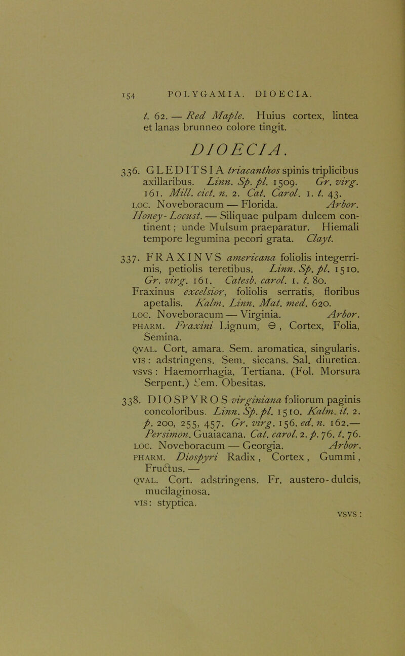 t. 62. — Red Maple. Huius cortex, lintea et lanas brunneo colore tingit. DIOECIA. 336. GLEDITSIA triacanthos spinis triplicibus axillaribus. Linn. Sp.pl. 1509. Gr.virg. 161. Mill. cict. n. 2. Cat. Carol. 1. t. 43. loc. Noveboracum — Florida. Arbor. Honey- Locust. — Siliquae pulpam dulcem con- tinent ; unde Mulsum praeparatur. Hiemali tempore legumina pecori grata. Clayt. 337. FRAXINVS americana foliolis integerri- mis, petiolis teretibus. Linn.Sp.pl. 1510. Gr. virg. 161. Catesb. carol. 1. t. 80. Fraxinus excelsior, foliolis serratis, floribus apetalis. Kalm. Linn. Mat. med. 620. loc. Noveboracum — Virginia. Arbor. pharm. Fraxini Lignum, © , Cortex, Folia, Semina. qval. Cort. amara. Sem. aromatica, singularis, vis: adstringens. Sem. siccans. Sal. diuretica, vsvs : Haemorrhagia, Tertiana. (Fol. Morsura Serpent.) Sem. Obesitas. 338. DIOSPYROS virginia7ia foliorum paginis concoloribus. Linn. Sp.pl. 1510. Kalm.it. 2. p. 200, 255, 457. Gr. virg. 156.ed.n. 162.— Persimon. Guaiacana. Cat. carol. 2.p. 76. t. 76. loc. Noveboracum — Georgia. Arbor. pharm. Diospyri Radix, Cortex, Gummi, Frubtus. — qval. Cort. adstringens. Fr. austero-dulcis, mucilaginosa. vis: styptica. vsvs: