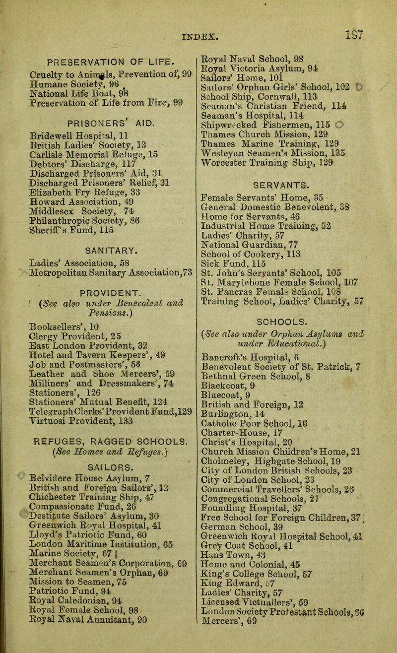 iS; PRESERVATION OF LIFE. Cruelty to Aninq§ls, Prevention of, 99 Humane Society, 96 National Life Boat, 98 Preservation of Life from Pire, 99 PRISONERS’ AID. Bridewell Hospital, 11 British Ladies’ Society, 13 Carlisle Memorial Refuge, 15 Debtors’ Discharge, 117 Discharged Prisoners’ Aid, 31 Discharged Prisoners’ Relief, 31 Elizabeth Fry Refuge, 33 Howard Association, 49 Middlesex Society, 74 Philanthropic Society, 86 Sheriff’s Fund, 115 SANITARY. Ladies’ Association, 58 Metropolitan Sanitary Association,73 PROVIDENT. f (<See also under Benevolent and, Pensions.) Booksellers’, 10 Clergy Provident, 25 East London Provident, 32 Hotel and Tavern Keepers’, 49 Job and Postmasters’, 56 Leather and Shoe Mercers’, 59 Milliners’ and Dressmakers’, 74 Stationers’, 126 Stationers’ Mutual Benefit, 124 Telegraph Clerks’ Provident Fund,129 Virtuosi Provident, 133 REFUGES, RAGGED SCHOOLS. [See Homes and Refuges.) SAILORS. Belvidere House Asylum, 7 British and Foreign Sailors’, 12 Chichester Training Ship, 47 Compassionate Fund, 26 Destijute Sailors’ Asylum, 30 G-reenwich Royal Hospital, 41 Lloyd’s Patriotic Fund, 60 London Maritime Institution, 65 Marine Society, 67 { Merchant Seamen’s Corporation, 69 Merchant Seamen’s Orphan, 69 Mission to Seamen, 75 Patriotic Fund, 94 Royal Caledonian, 94 Royal Female School, 98 Royal Naval Annuitant, 90 Royal Naval School, 98 Royal Victoria Asylum, 94 Sailors’ Home, 101 Sailors’ Orphan Girls’ School, 102 0 School Ship, Cornwall, 113 Seaman’s Christian Friend, 114 Seaman’s Hospital, 114 Shipwrecked Fishermen, 115 O Thames Church Mission, 129 Thames Marine Training, 129 Wesleyan Seamen’s Mission, 135 Worcester Training Ship, 129 SERVANTS. Female Servants’ Home, 35 General Domestic Benevolent, 38 Home for Servants, 46 Industrial Home Training, 52 Ladies’ Charity, 57 National Guardian, 77 School of Cookery, 113 Sick Fund, 115 St. John’s Servants’ School, 105 St. Marylebone Female School, 107 St. Paneras Female School, 108 Training School, Ladies’ Charity, 57 SCHOOLS. [See also under Orphan Asylums and under Educational.) Bancroft’s Hospital, 6 Benevolent Society of St. Patrick, 7 Bethnal Green School, 8 Blackcoat, 9 Bluecoat, 9 British and Foreign, 12 Burlington, 14 Catholic Poor School, 16 Charter-House, 17 Christ’s Hospital, 20 Church Mission Children’s Home, 21 Cholmeley, Highgate School, 19 City of London British Schools, 23 City of London School, 23 Commercial Travellers’ Schools, 26 Congregational Schools, 27 Foundling Hospital, 37 Free School for Foreign Children, 37 j G-erman School, 39 Greenwich Royal Hospital School, 41 Grey Coat School, 41 Hans Town, 43 Home and Colonial, 45 King’s College School, 57 King Edward, 67 Ladies’ Charity, 57 Licensed Victuallers’, 59 London Society Protestant Schools, 66 Mercers’, 69