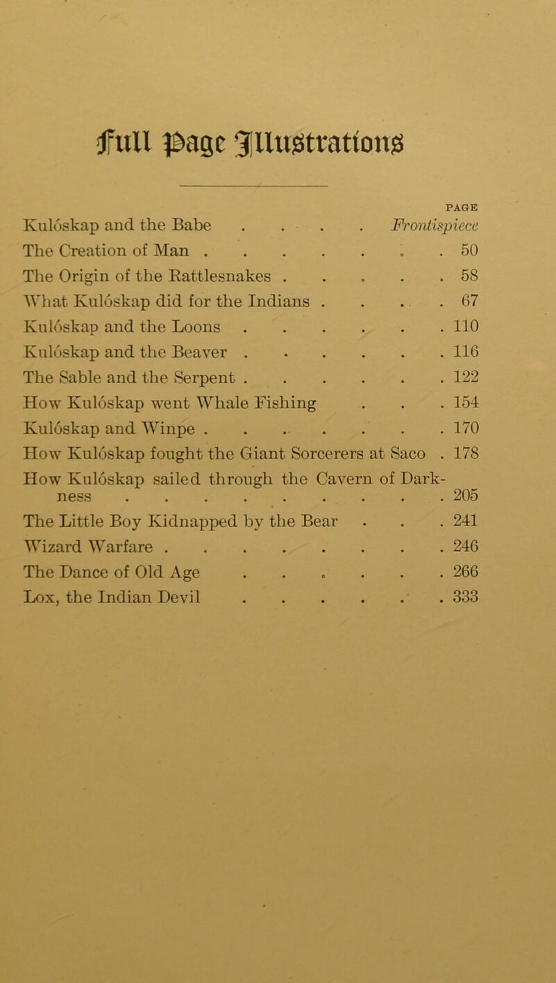 full page 31llujStt:atlouji Kuloskap and the Babe .... PAGE Frontispiece The Creation of Man . 50 The Origin of the Rattlesnakes . . 58 What Kuloskap did for the Indians . . 07 Kuloskap and the Loons .... . 110 Kuloskap and the Beaver .... . 116 The Sable and the Serpent .... . 122 How Kuloskap went Whale Fishing . 154 Kuloskap and Winpe ...... . 170 How Kuloskap fought the Giant Sorcerers at Saco . 178 How Kuloskap sailed through the Cavern of Dark- ness . 205 The Little Boy Kidnapped by the Bear . 241 Wizard Warfare . 246 The Dance of Old Age .... . 266 Lox, the Indian Devil .... . 333