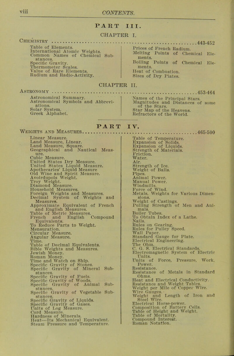 PART III. Chemistry Table of Elements. International Atomic Weights. Common Names of Chemical Sub- stances. Specific Gravity. Thermometer Scales. Value of Rare Elements. Radium and Radio-Activity. 443-452 Prices of French Radium. Melting Points of Chemical Ele- ments. Boiling Points of Chemical Ele- ments. Heat of Combustion. Sizes of Dry Plates. CHAPTER I. CHAPTER II. Astronomy Astronomical Summary. Astronomical Symbols and Abbrevi- ations. Solar System. Greek Alphabet. 453-464 Names of the Principal Stars. Magnitudes and Distances of some of the Stars. Star Map of the Heavens. Refractors of the World. PART IV. Weights and Measures 465-500 Linear Measure. Land Measure, Linear. Land Measure, Square. Geographical and Nautical Meas- ure. Cubic Measure. United States Dry Measure. United States Liquid Measure. Apothecaries’ Liquid Measure Old Wine and Spirit Measure. Avoirdupois Weight. Troy Weight. Diamond Measure. Household Measures. Foreign Weights and Measures. Decimal System of Weights and Measures. Approximate Equivalent of French and English Measures. Table of Metric Measures. French and English Compound Equivalents. To Reduce Parts to Weight. Mensuration. Circular Measure. Angular Measure. Time. Table of Decimal Equivalents. Bible Weights and Measures. .Jewish Money. Roman Money. Time and Watch on Ship. Specific Gravity of Stones. Specific Gravity of Mineral Sub- stances. Specific Gravity of Fuels. Specific Gravity of Woods. Specific Gravity of Animal Sub- StO-TlCCS. Specific Gravity of Vegetable Sub- st*Anc0S Specific Gravity of Liquids. Specific Gravity of Gases. Units of Log Measure. Cord Measure. Hardness of Minerals. Heat—Its Mechanical Equivalent. Steam Pressure and Temperature. Table of Temperature. Expansion of Solids. Expansion of Liquids. Strength of Materials. Friction. Water. Air. Strength of Ice. Weight of Balls. Pipes. Animal Power. Manual Power. Windmills. Force of Wind. Metals, Weights for Various Dimen- sions. Weight of Castings. Pulling Strength of Men and Ani- mals. Boiler Tubes. To Obtain Index of a Lathe. Nails. Rules on Gearing. Rules for Pulley Speed. Wall Paper. Standard Gauge for Plate. Electrical Engineering. The Ohm. C. G. S. Electrical Standards. Electromagnetic System of Electric Units. Units of Force, Pressure, Work, Power. Resistance. Resistance of Metals in Standard Ohms. Heat and Electrical Conductivity. Resistance and Weight Tables. Weight per Mile of Copper Wire. Wire Gauges. ■ AVeight and Length of Iron and Steel AAHre. Electrical Horse-power. Composition of Battery Cells. Table of Height and Weight. Table of Mortality. Compound Interest. Roman Notation.