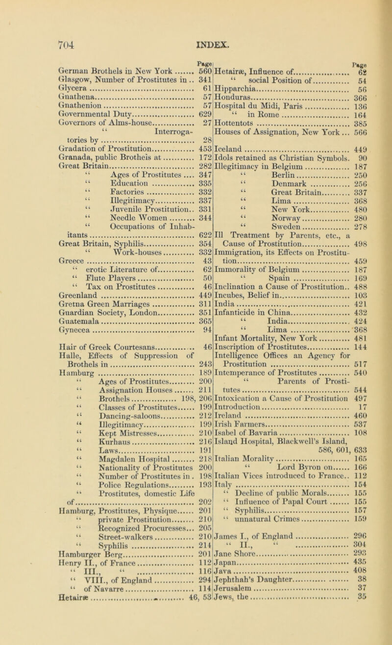 u u Page German Brothels iu New York 660 (Glasgow, Number of Prostitutes in .. 341 Glycera 61 Gnatheua 57 Gnathenioii 57 Governmental Duty 629 Governors of Alms-house 27 ‘ ‘ Interroga- tories by 28 Gradation of Prostitution 453 Granada, public Brothels at 172 Great Britain 282 ‘ ‘ Ages of Prostitutes .... 347 “ Education 335 “ Factories 332 “ Illegitimacy 337 “ Juvenile Prostitution.. 331 Needle Women 344 Occupations of Inhab- itants 622 Great Britain, Syphilis 354 “ Work-houses 332 Greece 43 “ erotic Literature of 62 “ Flute Players 50 “ Tax on Prostitutes 46 Greenland 449 Gretna Green Marriages 311 Guardian Society, London 351 Guatemala 365 Gvnecea 94 ¥ Hair of Greek Courtesans 46 Halle, Effects of Suppression of Brothels in 243 Hamburg 189 “ Ages of Prostitutes 200 “ Assignation Houses 211 “ Brothels 198,206 “ Classes of Prostitutes 199 Dancing-saloons 212 Illegitimacy 199 “ Kept Mistresses 210 “ Kurhaus 216 “ Laws 191 “ Magdalen Hospital 218 ‘ ‘ Nationality of Prostitutes 200 “ Number of Prostitutes in . 198 “ Police Regulations 193 “ Prostitutes, domestic Life of 202 Hamburg, Prostitutes, Physirpie 201 “ private Prostitution 210 “ Recognized Procuresses... 205 “ Street-walkers 210 “ Syphilis 214 Hamburger Berg 201 Henry II., of France 112 III., “ 116 “ VIII., of England 294 “ of Navarre 114 Hetairee 46, 53 u r*ge Hetairfie, Influence of. 62 “ social Position of 54 Hipparchia 56 Honduras 366 Hospital dll Midi, Paris 136 “ in Rome 164 Hottentots 385 Houses of Assignation, New Y'ork... 566 Iceland 449 Idols retained as Christian Symbols. 90 Illegitimacy in Belgium 187 ‘ ‘ Berlin 250 “ Denmark 256 “ Great Britain 337 “ Lima 368 “ New Y^ork 480 “ Norway 280 “ Sweden 278 111 Treatment by Parents, etc., a Cause of Prostitution 498 Immigration, its Effects on Prostitu- tion 459 Immorality of Belgium 187 “ Spain 169 Inclination a Cause of Prostitution.. 488 Incubes, Belief in 103 India 421 Infanticide in China 432 “ India 424 “ Lima '368 Infant Mortality, New York 481 Inscription of Prostitutes 144 Intelligence Offices an Agency for Prostitution 517 Intemperance of Prostitutes 540 “ Parents of Prosti- tutes 544 Intoxication a Cause of Prostitution 497 Introduction 17 Ireland 460 Irish Farmers 537 Isabel of Bavaria 108 Island Hospital, Blackwell’s Island, 586, 601, 633 Italian Morality 165 “ Lord Byron on 166 Italian Vices introduced to France.. 112 Italy 154 “ Decline of public Morals 155 “ Influence of Papal Court 155 “ Sj'philis 157 “ unnatural Crimes 159 James I., of England 296 “ II., “ 304 .Jane Shore 293 Japan 435 Java 408 Jephthah’s Daughter 38 Jerusalem 37 Jews, the 35