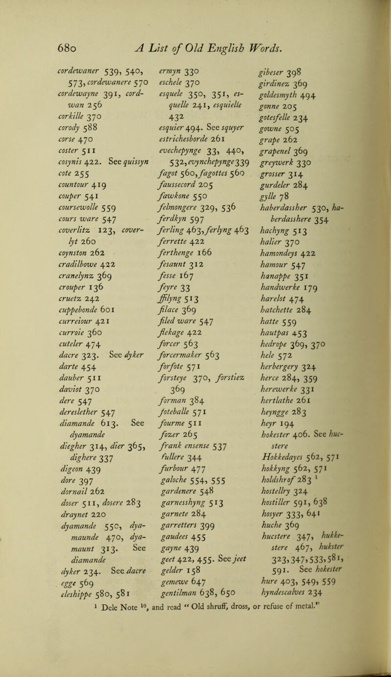 cordewaner 539, 540, 573^cordewanere 570 cor dew ay ne 391, cord- wan 256 corkille 370 corody 588 corse 470 coster 511 cosynis 422. See quissyn cote 255 countour 419 couper 541 coursewolle 559 cours ware 547 coverlitz 123, cover- lyt 260 coynston 262 cradilbowe 422 cranelynz 369 croup er 136 cruetz 242 cuppebonde 601 curreiour 421 curroie 360 cuteler 474 dacre 323. See dyker darte 454 dauber 511 daviot 370 dere 547 dereslether 547 diamande 613. See dyamande diegher 314, dier 365, dighere 337 digeon 439 dore 397 dornail 262 doser 511, do sere 283 dr ay net 220 dyamande 55 c, dya- maunde 470, dya- maunt 313. See diamande dyker 234. See dacre egg' 569 eleshippe 580, 581 ermyn 330 eschele 370 esquele 350, 35X, es- quelle 241, esquielte 432 esquier 494. See squyer estrichesborde 261 evechepynge 33, 440, 532> evynchepynge 339 fagot $bo,fagottes 560 faussecord 205 fawkone 550 felmongere 329, 536 ferdkyn 597 ferling \b^ferlyng 463 ferrette 422 ferthenge 166 fesaunt 312 167 feyre 33 ffibngS'Z filace 369 filed ware 547 fiekage 422 forcer 563 forcermaker 563 forfote 571 forsteye 370, forstiez 369 for man 384 Joteballe 571 fourme 511 fozer 265 frank ensense 537 fullere 344 furbour 477 554, 555 gar den ere 548 garnesshyng 513 gamete 284 garretters 399 gaudees 455 439 geet \zz, 455. See jeet gelder 158 gemewe 647 gentilman 638, 650 gibeser 398 girdinez 369 goldesmyth 494 205 gotesfelle 234 gowne 505 grape 262 grapenel 369 greywerk 330 314 gurdeler 284 gylle 78 haberdassher 530, ha- berdasshere 354 hachyng 513 halier 370 hamondeys 422 hamour 547 hanappe 351 handwerke 179 harelot 474 hatchette 284 hatte 559 hautpas 4.53 hedrope 369, 370 hele 572 herbergery 324 herce 284, 359 herewerke 331 hertlathe 261 heyngge 283 heyr 194 hokester 406. See /ikc- stere Hokkedayes 562, 571 hokkyng 562, 571 holdshrof 283 1 hostellry 324 hostiller 591, 638 333> 64» huche 369 hucstere 347, stere 467, hukster 323>347>533>58i> Dele Note 10, and read 591. See hokester hure 403, 549, 559 hyndescalves 234 : Old shruff, dross, or refuse of metal.”