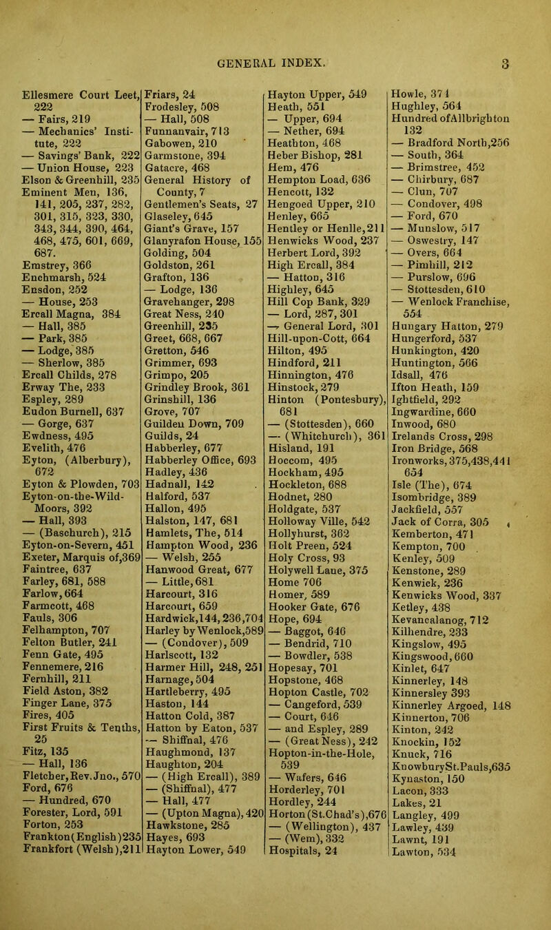 Ellesmere Court Leet, 222 — Fairs, 219 — Mechanics’ Insti- tute, 222 — Sayings’ Bank, 222 — Union House, 223 Elson & Greenhill, 235 Eminent Men, 136, 141, 205, 237, 282, 301, 315, 323, 330, 343, 344, 390, 464, 468, 475, 601, 669, 687. Emstrey, 366 Enchmarsh, 524 Ensdon, 252 — House, 253 Ercall Magna, 384 — Hall, 385 — Park, 385 — Lodge, 385 — Sherlow, 385 Ercall Childs, 278 Erway The, 233 Espley, 289 Eudon Burnell, 637 — Gorge, 637 Ewdness, 495 Evelith, 476 Eyton, (Alberbury), 672 Eyton & Plowden, 703 Eyton-on-the-Wild- Moors, 392 — Hall, 393 — (Baschurch), 215 Eyton-on-Severn, 451 Exeter, Marquis of,369 Faintree, 637 Farley, 681, 588 Farlow,664 Farmcott, 468 Fauls, 306 Felhampton, 707 Felton Butler, 241 Fenn Gate, 495 Fennemere, 216 Fernhill, 211 Field Aston, 382 Finger Lane, 375 Fires, 405 First Fruits & Tenths, 25 Fitz, 135 — Hall, 136 Fletcher,Kev.Jno., 570 Ford, 676 — Hundred, 670 Forester, Lord, 591 Forton, 253 Frankton(English)235 Frankfort (Welsh),211 Friars, 24 Frodesley, 508 — Hall, 508 Funnanvair, 713 Gabowen, 210 Garmstone, 394 Gatacre, 468 General History of County, 7 Gentlemen’s Seats, 27 Glaseley, 645 Giant’s Grave, 157 Glanyrafon House, 155 Golding, 504 Goldston, 261 Grafton, 136 — Lodge, 136 Gravehanger, 298 Great Ness, 240 Greenhill, 235 Greet, 668, 667 Gretton, 546 Grimmer, 693 Grimpo, 205 Grindley Brook, 361 Grinshill, 136 Grove, 707 Guilden Down, 709 Guilds, 24 Habberley, 677 Habberley Office, 693 Hadley, 436 Hadnall, 142 Halford, 537 Hallon, 495 Halston, 147, 681 Hamlets, The, 614 Hampton Wood, 236 — Welsh, 255 Hanwood Great, 677 — Little, 681 Harcourt, 316 Harcourt, 659 Hardwick,! 44,236,704 Harley by Wenlock,589 — (Condover), 509 Harlscott, 132 Harmer Hill, 248, 251 Harnage,504 Hartleberry, 495 Hastou, 144 Hatton Cold, 387 Hatton by Eaton, 537 — Shiffnal, 476 Haughmond, 137 Haughton, 204 — (High Ercall), 389 — (Shiffnal), 477 — Hall, 477 — (Upton Magna), 420 Hawkstone, 285 Hayes, 693 Ilayton Lower, 549 Hayton Upper, 549 Heath, 551 — Upper, 694 — Nether, 694 Heathton, 468 Heber Bishop, 281 Hem, 476 Hempton Load, 636 Hencott, 132 Hengoed Upper, 210 Henley, 665 Hentley or Henlle,211 Henwicks Wood, 237 Herbert Lord, 392 High Ercall, 384 — Hatton, 316 Highley, 645 Hill Cop Bank, 329 — Lord, 287, 301 —r General Lord, 301 Hill-upon-Cott, 664 Hilton, 495 Hindford, 211 Hinnington, 476 Hinstock, 279 Hinton (Pontesbury), 681 — (Stottesden), 660 — (Whitchurch), 361 Hisland, 191 Hoccom, 495 Hockham, 495 Hockleton, 688 Hodnet, 280 Holdgate, 537 Holloway Ville, 542 Hollyhurst, 362 Holt Preen, 524 Holy Cross, 93 Holywell Laue, 375 Home 706 Homer, 589 Hooker Gate, 676 Hope, 694 — Baggot, 646 — Bendrid, 710 — Bowdler, 538 Hopesay, 701 Hopstone, 468 Hopton Castle, 702 — Cangeford, 539 — Court, 646 — and Espley, 289 — (Great Ness), 242 Hopton-in-the-Ilole, 539 — Wafers, 646 Horderley, 701 Hordley, 244 Horton (St.Chad’s),676 — (Wellington), 437 — (Wem), 332 Hospitals, 24 Howie, 371 Hughley, 564 Hundred ofAllbrighton 132 — Bradford North,256 — South, 364 — Brimstree, 452 — Cliirbury, 687 — Clun, 707 — Condover, 498 — Ford, 670 — Munslow, 517 — Oswestry, 147 — Overs, 664 — Pimliill, 212 — Purslow, 696 — Stottesden, 610 — Wenlock Franchise, 554 Hungary Hatton, 279 Hungerford, 537 Hunkington, 420 Huntington, 566 Idsall, 476 Ifton Heath, 159 Igbtfield, 292 Ingwardine, 660 Inwood, 680 Irelands Cross, 298 Iron Bridge, 568 Ironworks, 3 75,438,4 41 654 Isle (The), 674 Isombridge, 389 Jackfield, 557 Jack of Corra, 305 < Kemberton, 471 Kempton, 700 Kenley, 509 Kenstone, 289 Kenwick, 236 Kenwicks Wood, 337 Ketley, 438 Kevancalanog, 712 Kilhendre, 233 Kingslow, 495 Kingswood,660 Kirilet, 647 Kinnerley, 148 Kinnersley 393 Kinnerley Argoed, 148 Kinnerton, 706 Kinton, 242 Knockin, 152 Knuck, 716 KuowburySt.Pauls,635 Kynaston, 150 Lacon, 333 Lakes, 21 Langley, 499 Lawley, 439 Lawnt, 191 I Lawton, 534