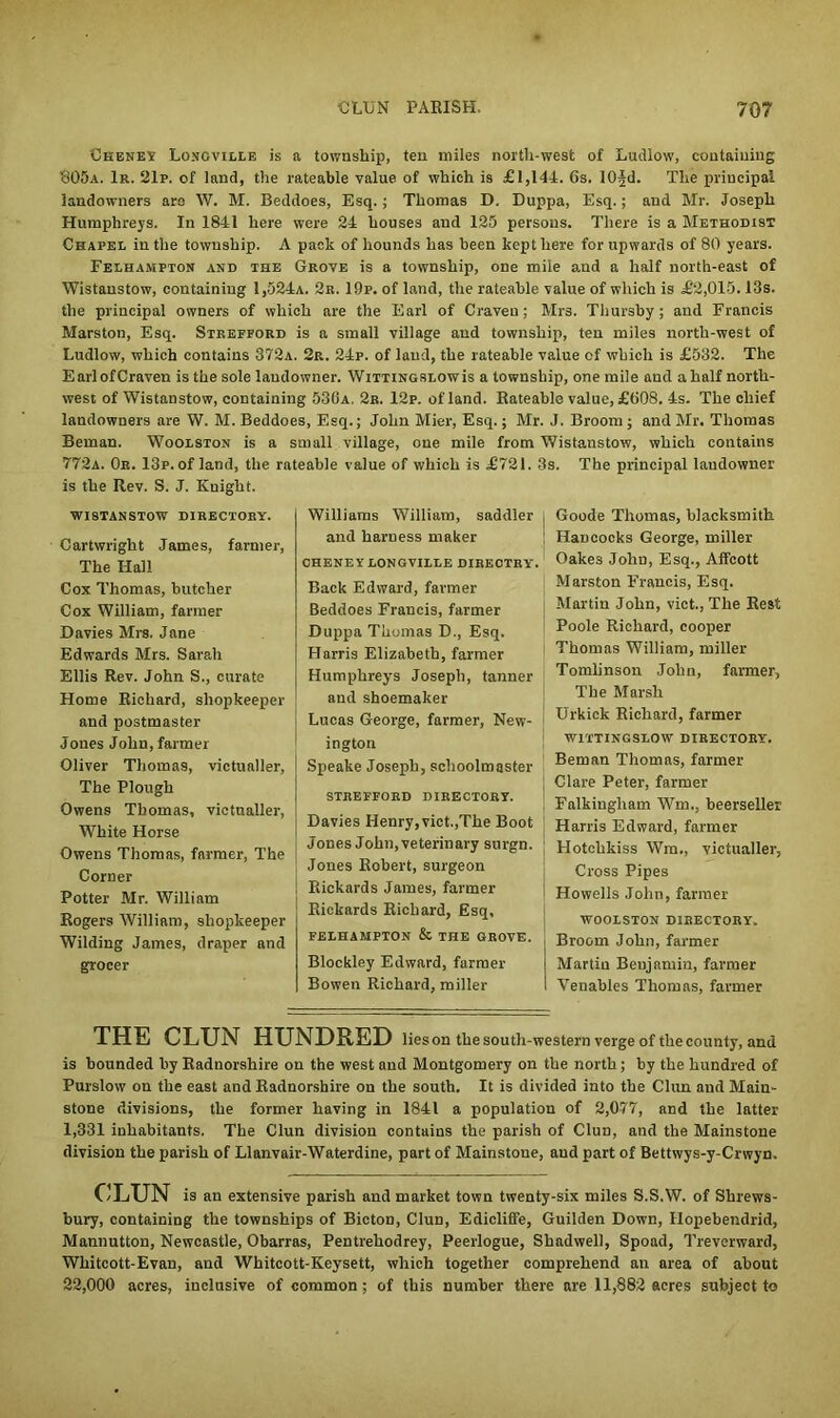 Cheney Lonoville is a township, ten miles north-west of Ludlow, containing 805a. 1r. 21p. of land, the rateable value of which is £1,144. Cs. lOjd. The principal landowners are W. M. Beddoes, Esq.; Thomas D. Duppa, Esq.; and Mr. Joseph Humphreys. In 1841 here were 24 houses and 125 persons. There is a Methodist Chapel in the township. A pack of hounds has been kept here for upwards of 80 years. Felhampton and the Grove is a township, one mile and a half north-east of Wistaustow, containing 1,524a. 2b. 19p. of land, the rateable value of which is £2,015.13s. the principal owners of which are the Earl of Craven; Mrs. Thursby; and Francis Marston, Esq. Stbefford is a small village and township, ten miles north-west of Ludlow, which contains 372a. 2r. 24p. of laud, the rateable value of which is £532. The Earl of Craven is the sole landowner. WiTTiNGSLOwis a township, one mile and a half north- west of Wistanstow, containing 536a. 2r. 12p. of land. Rateable value, £608. 4s. The chief landowners are W. M. Beddoes, Esq.; John Mier, Esq.; Mr. J. Broom; and Mr. Thomas Beman. Woolston is a small village, one mile from Wistanstow, which contains 772a. Ob. 13p. of land, the rateable value of which is £721. 3s. The principal laudowner is the Rev. S. J. Knight. wistanstow directoby. Cartwright James, farmer, The Hall Cox Thomas, butcher Cox William, farmer Davies Mrs. Jane Edwards Mrs. Sarah Ellis Rev. John S., curate Home Richard, shopkeeper and postmaster Jones John, farmer Oliver Thomas, victualler, The Plough Owens Thomas, victualler, White Horse Owens Thomas, farmer, The Corner Potter Mr. William Rogers William, shopkeeper Wilding James, draper and grocer Williams William, saddler and harness maker CHENEY LONGVILLE DIBEOTBY. Back Edward, farmer Beddoes Francis, farmer Duppa Thomas D., Esq. Harris Elizabeth, farmer Humphreys Joseph, tanner and shoemaker Lucas George, farmer, New- ington Speake Joseph, schoolmaster STBEFFOBD DIBECTOBY. Davies Henry, vict.,The Boot Jones John, veterinary stirgn. Jones Robert, surgeon Rickards James, farmer Rickards Richard, Esq, FELHAMPTON & THE GROVE. Blockley Edward, farmer Bowen Richard, miller j Goode Thomas, blacksmith HaDcocks George, miller Oakes JoliD, Esq., Affcott I Marston Francis, Esq. j Martin John, vict., The Rest I Poole Richard, cooper Thomas William, miller Tomlinson John, farmer, The Marsh Urkick Richard, farmer WITTING SLOW DIBECTOBY. Beman Thomas, farmer | Clare Peter, farmer Falkiugliam Win., beerseller Harris Edward, farmer Hotchkiss Wm., victualler, Cross Pipes ! Howells John, farmer WOOLSTON DIBECTOBY. Broom John, farmer Martin Benjamin, farmer Venables Thomas, farmer THE CLUN HUNDRED lies on the south-western verge of the county, and is bounded by Radnorshire on the west and Montgomery on the north; by the hundred of Purslow on the east and Radnorshire on the south. It is divided into the Clun and Main- stone divisions, the former having in 1841 a population of 2,077, and the latter 1,331 inhabitants. The Clun division contains the parish of Clun, and the Mainstone division the parish of Llanvair-Waterdine, part of Mainstone, and part of Bettwys-y-Crwyn. CLUN is an extensive parish and market town twenty-six miles S.S.W. of Shrews- bury, containing the townships of BictoD, Clun, Edicliffe, Guilden Down, Hopebendrid, Mannutton, Newcastle, Obarras, Pentrehodrey, Peerlogue, Shadwel), Spoad, Treverward, Whitcott-Evan, and Whitcott-Keysett, which together comprehend an area of about 22,000 acres, inclusive of common; of this number there are 11,882 acres subject to