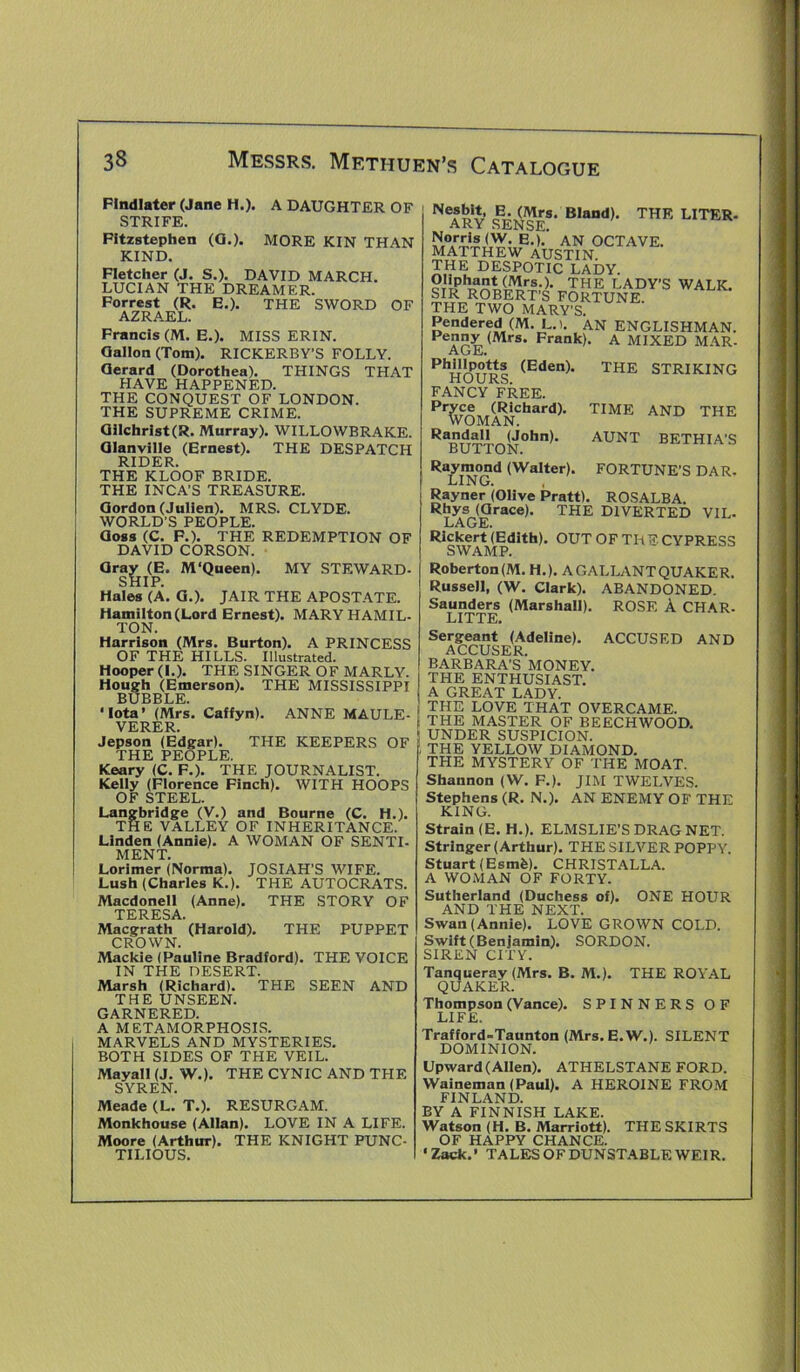 FIndlater (Jane H.). A DAUGHTER OF STRIFE. Fitzstephen (Q.). MORE KIN THAN KIND. Fletcher (J. S.). DAVID MARCH. LUCIAN THE DREAMER. Forrest (R. E.). THE SWORD OF AZRAEL. Francis (M. E.). MISS ERIN. Gallon (Tom). RICKERBY'S FOLLY. Gerard (Dorothea). THINGS THAT HAVE HAPPENED. THE CONQUEST OF LONDON. THE SUPREME CRIME. Gilchrist(R. Murray). WILLOWBRAKE. Glanville (Ernest). THE DESPATCH RIDER. THE KLOOF BRIDE. THE INCA’S TREASURE. Gordon (Julien). MRS. CLYDE. WORLD’S PEOPLE. Goss (C. F.). THE REDEMPTION OF DAVID CORSON. Oray (E. M'Queen). MY STEWARD- SHIP. Hales (A. G.). JAIR THE APOSTATE. Hamilton (Lord Ernest). MARY HAMIL- TON. Harrison (Mrs. Burton). A PRINCESS OF THE HILLS. Illustrated. Hooper (I.). THE SINGER OF MARLY. Hough (Emerson). THE MISSISSIPPI BUBBLE. ■Iota’ (Mrs. Caffyn). ANNE MAULE- VERER. Jepson (Edgar). THE KEEPERS OF THE PEOPLE. Keary (C. F.). THE JOURNALIST. Kelly (Florence Finch). WITH HOOPS OF STEEL. Langbridge (V.) and Bourne (C. H.). THE VALLEY OF INHERITANCE. Linden (Annie). A WOMAN OF SENTI- MENT. Lorimer (Norma). JOSIAH’S WIFE. Lush (Charles K.). THE AUTOCRATS. Macdonell (Anne). THE STORY OF TERESA. Macgrath (Harold). THE PUPPET CROWN. Mackie (Pauline Bradford). THE VOICE IN THE DESERT. Marsh (Richard). THE SEEN AND THE UNSEEN. GARNERED. A METAMORPHOSIS. MARVELS AND MYSTERIES. BOTH SIDES OF THE VEIL. Mayall (J. W.). THE CYNIC AND THE SYREN. Meade (L. T.). RESURGAM. Monkhouse (Allan). LOVE IN A LIFE. Moore (Arthur). THE KNIGHT PUNC- TILIOUS. Nesbit, E. (Mrs. Bland). THE LITER. ARY SENSE. Norris (W. E.). AN OCTAVE. MATTHEW AUSTIN. THE DESPOTIC LADY. THE LADY’S WALK. SIR ROBERT’S FORTUNE. THE TWO MARY’S. Pendered (M. L.). AN ENGLISHMAN. Penny (Mrs. Frank). A MIXED MAR- AGE. THE STRIKING TIME AND THE AUNT BETHIA’S FORTUNE’S DAR- VIL ROSE A CHAR. ACCUSED AND Phillpotts (Eden). HOURS. FANCY FREE. Pryce (Richard). WOMAN. Randall (John). BUTTON. Raymond (Walter). LING. Rayner (Olive Pratt). ROSALBA. Rhys (Grace). THE DIVERTED LAGE. Rickert (Edith). OUT OF THE CYPRESS SWAMP. Roberton (M. H.). A GALLANT QUAKER. Russell, (W. Clark). ABANDONED. Saunders (Marshall). LITTE. Sergeant (Adeline). ACCUSER. BARBARA’S MONEY. THE ENTHUSIAST. A GREAT LADY. THE LOVE THAT OVERCAME. THE MASTER OF BEECHWOOD. UNDER SUSPICION. , THE YELLOW DIAMOND. THE MYSTERY OF THE MOAT. Shannon (W. F.). JIM TWELVES. Stephens (R. N.). AN ENEMY OF THE KING. Strain (E. H.). ELMSLIE’S DRAG NET. Stringer (Arthur). THE SILVER POPPY. Stuart (Esmfe). CHRISTALLA. A WOMAN OF FORTY. Sutherland (Duchess of). ONE HOUR AND THE NEXT. Swan (Annie). LOVE GROWN COLD. Swift (Benjamin). SORDON. SIREN CITY. Tanqueray (Mrs. B. M.). THE ROYAL QUAKER. Thompson (Vance). SPINNERS OF LIFE. Trafford-Taunton (Mrs.E.W.). SILENT DOMINION. Upward (Allen). ATHELSTANE FORD. Waineman (Paul). A HEROINE FROM FINLAND. EY A FINNISH LAKE. Watson (H. B. Marriott). THE SKIRTS OF HAPPY CHANCE. ‘Zack.’ TALES OF DUNSTABLE WEIR.