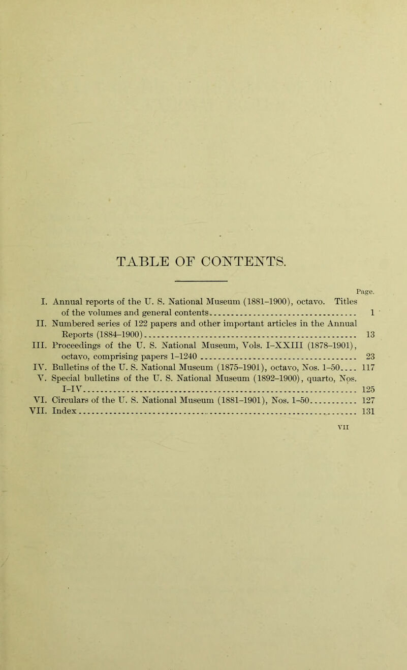 TABLE OF COATEATS. Page. I. Annual reports of the U. S. National Museum (1881-1900), octavo. Titles of the volumes and general contents 1 II. Numbered series of 122 papers and other important articles in the Annual Reports (1884-1900) 13 III. Proceedings of the U. S. National Museum, Yols. I-XXIII (1878-1901), octavo, comprising papers 1-1240 23 IV. Bulletins of the U. S. National Museum (1875-1901), octavo, Nos. 1-50 117 Y. Special bulletins of the U. S. National Museum (1892-1900), quarto, Nos. I-IY 125 VI. Circulars of the U. S. National Museum (1881-1901), Nos. 1-50 127 VII. Index __ 131