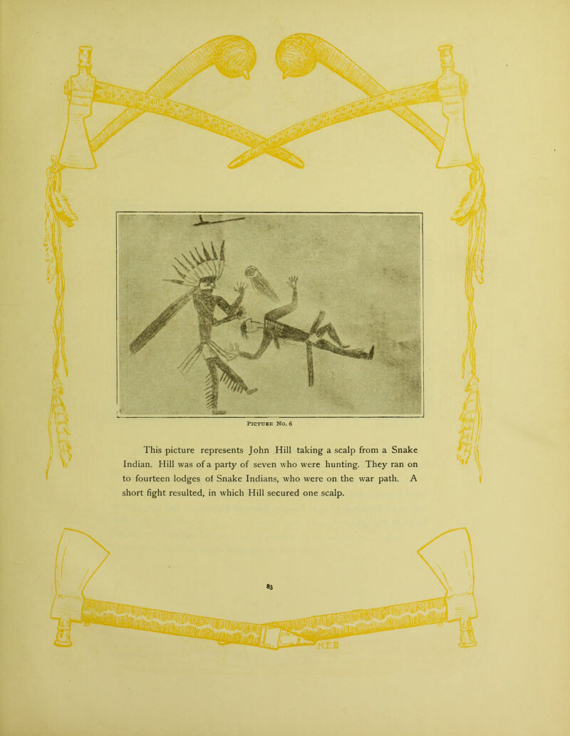 This picture represents John Hill taking a scalp from a Snake Indian. Hill was of a party of seven who were hunting. They ran on to fourteen lodges of Snake Indians, who were on the war path. A short fight resulted, in which Hill secured one scalp. /