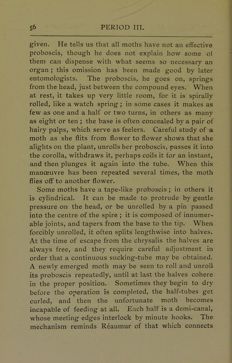 given. He tells us that all moths have not an effective proboscis, though he does not explain how some ol them can dispense with what seems so necessary an organ ; this omission has been made good by later entomologists. The proboscis, he goes on, springs from the head, just between the compound eyes. When at rest, it takes up very little room, for it is spirally rolled, like a watch spring; in some cases it makes as few as one and a half or two turns, in others as many as eight or ten ; the base is often concealed by a pair of hairy palps, which serve as feelers. Careful study of a moth as she flits from flower to flower shows that she alights on the plant, unrolls her proboscis, passes it into the corolla, withdraws It, perhaps coils it for an instant, and then plunges it again into the tube. When this manoeuvre has been repeated several times, the moth flies off to another flower. Some moths have a tape-like proboscis ; in others it is cylindrical. It can be made to protrude by gentle pressure on the head, or be unrolled by a pin passed into the centre of the spire ; it is composed of innumer- able joints, and tapers from the base to the tip. When forcibly unrolled, it often splits lengthwise Into halves. At the time of escape from the chrysalis the halves are always free, and they require careful adjustment in order that a continuous sucking-tube may be obtained. A newly emerged moth may be seen to roll and unroll its proboscis repeatedly, until at last the halves cohere in the proper position. Sometimes they begin to dry before the operation is completed, the half-tubes get curled, and then the unfortunate moth becomes incapable of feeding at all. Each half is a deml-canal, whose meeting edges interlock by minute hooks. The mechanism reminds Reaumur of that which connects