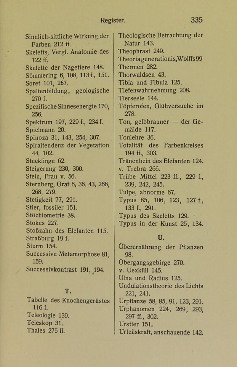 Sinnlich-sittliche Wirkung der Farben 212 ff. Skeletts, Vergl. Anatomie des 122 ff. Skelette der Nagetiere 148. Sömmering 6, 108, 113 f., 151. Soret 101, 267. Spaltenbildung, geologische 270 f. Spezifische Sinnesenergie 170, 256. Spektrum 197, 229 f., 234 f. Spielmann 20. Spinoza 31, 143, 254, 307. Spiraltendenz der Vegetation 44, 102. Stecklinge 62. Steigerung 230, 300. Stein, Frau v. 56. Sternberg, Graf 6, 36. 43, 266, 268, 279. Stetigkeit 77, 291. Stier, fossiler 151. Stöchiometrie 38. Stokes 227. Stoßzahn des Elefanten 115. Straßburg 19 f. Sturm 154. Successive Metamorphose 81, 159. Successivkontrast 191, 194. 9 C T. Tabelle des Knochengerüstes 116 f. Teleologie 139. Teleskop 31. Thaies 275 ff. Theologische Betrachtung der Natur 143. Theophrast 249. Theoriagenerationis,Wolffs99 Thermen 282. Thorwaldsen 43. Tibia und Fibula 125. Tiefenwahrnehmung 208. Tierseele 144. Töpferofen, Glühversuche im 278. Ton, gelbbrauner — der Ge- mälde 117. Tonlehre 36. Totalität des Farbenkreises 194 ff., 303. Tränenbein des Elefanten 124. v. Trebra 266. Trübe Mittel 223 ff., 229 f., 239, 242, 245. Tulpe, abnorme 67. Typus 85, 106, 123, 127 f., 133 f., 291. Typus des Skeletts 129. Typus in der Kunst 25, 134. U. Überernährung der Pflanzen 98. Übergangsgebirge 270. v. Uexküll 145. Ulna und Radius 125. Undulationstheorie des Lichts 221, 241. Urpflanze 58, 85, 91, 123, 291. Urphänomen 224, 269, 293, 297 ff., 302. Urstier 151. Urteilskraft, anschauende 142.