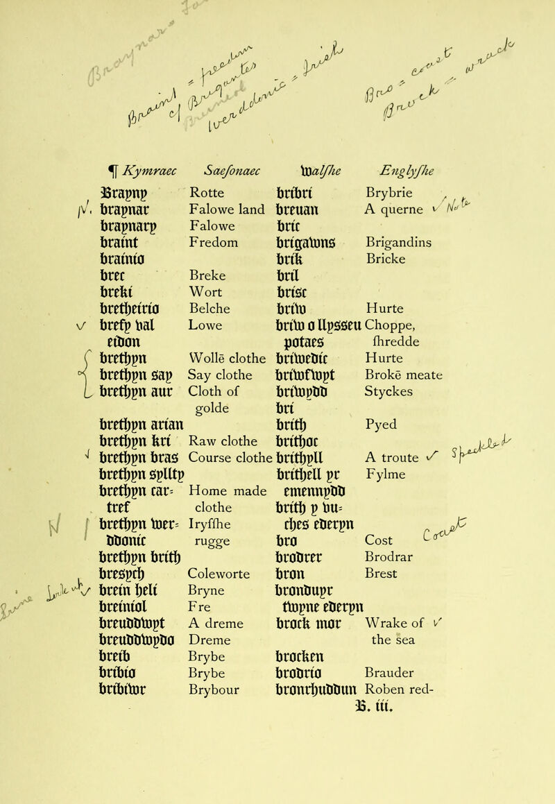 \/ { 5[ Kymraec Saefonaec \XSal/he Englyjhe ^Srapnp Rotte bríbrí Brybrie ^ bretí)eírí0 Belche brftt) Hurte brefp bal Lowe brito 0 llpsseu Choppe, eíbon P0taeö fhredde bretépn öap Say clothe brítoüppt Broke meate bretíjpn aur Cloth of brítopbö Styckes golde brí bretí)p arían brítí) Pyed bretlbpn kxi Raw clothe brítí)0c bretibpn braö Course clothe btitl)pll A troute breíí)pn öpUtp brítí)ell pr Fylme bret^p car= Home made emennpbö tref clothe brítb p bu= bretlbpn tDer= Iryffhe d;eö eberpn Cost ^ ^ bboníc rugge br0 bretí)pn brítî) br0brrr Brodrar breöpcí) Coleworte br0u Brest breín Ijelt Bryne br0nlmpr breíntal Fre tìüpne eberpn breuöbtopt A dreme br0cb m0r Wrake of i'' breubbtopbo Dreme the sea breíb Brybe br0cfeen bríbúj Brybe br0bn0 Brauder bríbíbjr Brybour br0nrí)llllbun Roben red- v>