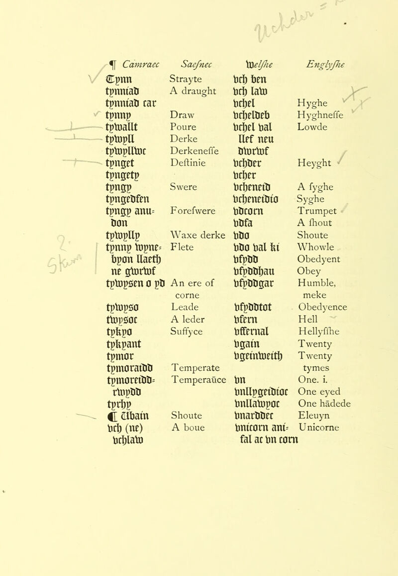 Cpnn Strayte tpnníaö tpnniati car A draught tpnnp Draw tptoallt Poure tplupll Derke tploplltoc Derkeneffe tpnget tpngetp Deftinie tpncyp tpngcOfm Swere tpngp anu= non F orefwere tpWpllp Waxe derke tpnnp iopne-' bpon llaetij ne gtorUif Flete tplopöen 0 pO An ere of come tplopso Leade tiopsoc A leder tpUpo tpUpant tpmor Suffyce tpmoraiOli T emperate tpmoreilili= rlnpîiîi Temperaùce C Obain Shoute bclj (ue) bci)lab) A boue bd) ben bcb lab) bcbel Hyghe bc^elbeb H yghneffe bc^el bal Lowde lief neu blortof bcbber Heyght bc^er bcbeneilJ A fyghe bdjenetbto Syghe bbcom Trumpet bbfa A fhout bbo Shoute bbo bal fei Whowle bfpbb Obedyent bfpbbljau Obey bfpbbgar Humble, bfpbbtot meke Obedyence bfem Hell bffemal Hellyfihe bgain Twenty bgeintoeitb T wenty bn tymes One. i. bnllpgeibioc One eyed bnllaUipoc One hädede bnarbbec Eleuyn bnicom anF Unicorne fal ac bn com
