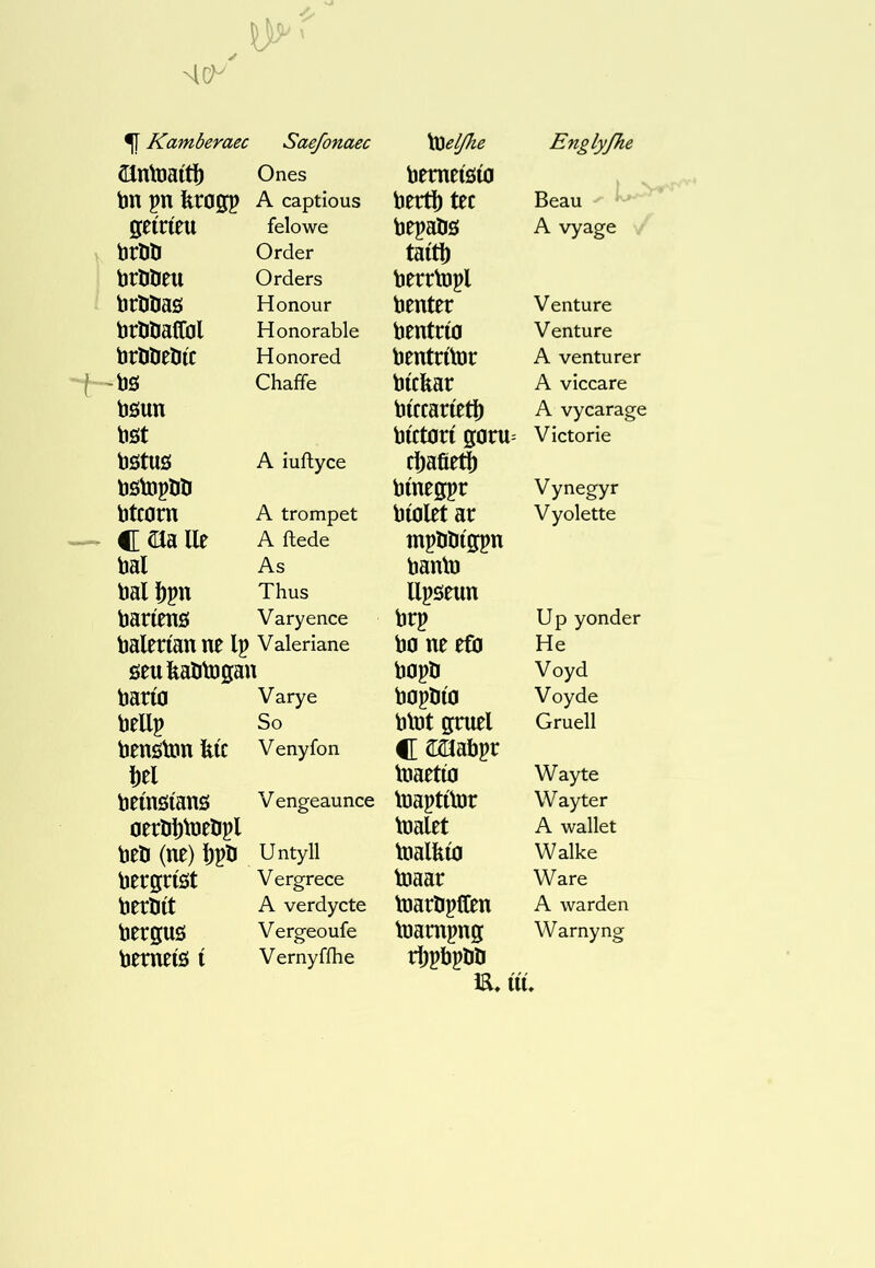 (Hntüaítlb Ones bemetòío tm pn krogfp A captious bertlb tec Beau - ^ ' geirieu felowe bepaöö A vyage ^ brütí Order taítí) brölíeu Orders berrbjpl trülias! Honour benter Venture trliliaífol Honorable bentria Venture brölieliíc Honored bentrib3r A venturer -f- -bs Chaffe bicfear A viccare böun bírcaríet^ A vycarage böt bíctorí goru= Victorie bötuö A iuftyce dbafie^ bötopbli bínegpr Vynegyr btcorn A trompet bíolet ar V yolette —- Cílalle A ilede mpblitgpn bal As banb3 bal |)pn Thus llpöeun baríens Varyence brp Up yonder baleríanne Ip Vaieriane ba ne eft He seukabbjgan bopli Voyd barto Varye b0pbí0 Voyde bellp So bt0t gruel Gruell benöbjn kíc Venyfon C 22labpr Ibel bjaetúj Wayte beínsíans V engeaunce bjaptítor Wayter oerbl)b3eöpl bîalet A wallet beb (ne) í)pli Untyll b3alfeí0 Walke bergrtòt Vergrece bjaar Ware beröít A verdycte b3arbpfCen A warden bergus Vergeoufe bîampng Warnyng berneíö í V erny fihe rl;pbpb0