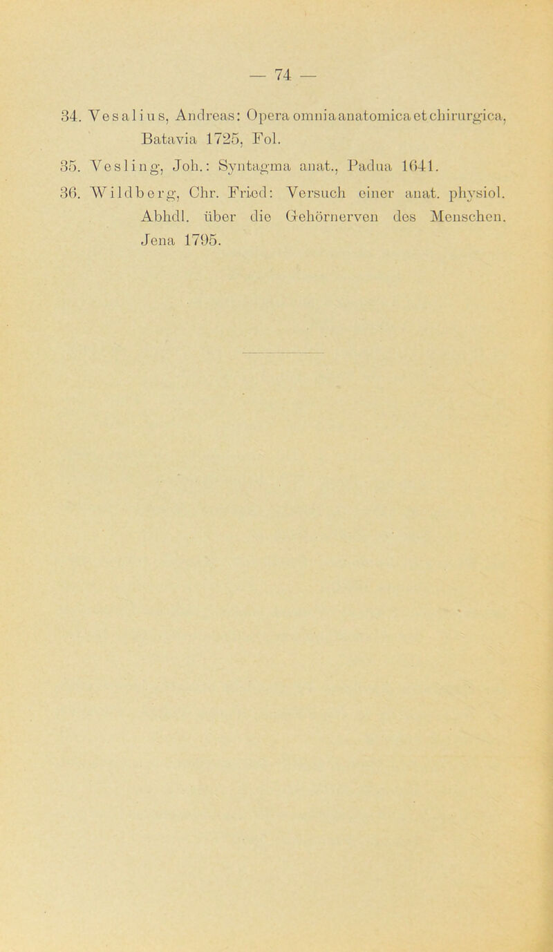 34. Yesalias, Andreas: Opera omniaanatomicaetchirurgica, Batavia 1725, Fol. 35. Yesling, Job.: Syntagma anat., Padua 1641. 36. Wildberg, Chr. Fried: Versuch einer anat. phvsiol. Abhcll. über die Gehörnerven des Menschen. Jena 1795.