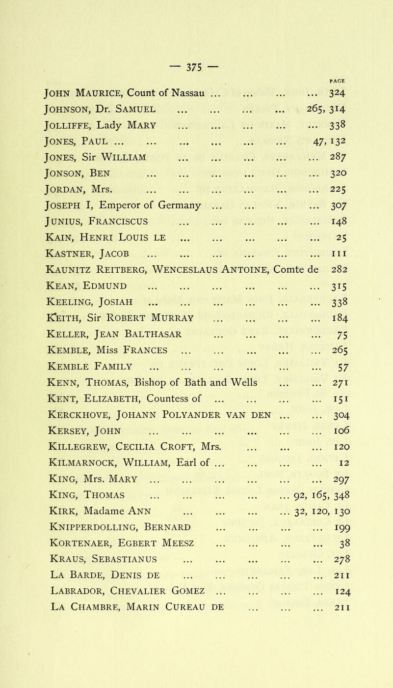 JOHN Maurice, Count of Nassau 324 Johnson, Dr. Samuel 265, 314 Jolliffe, Lady Mary 338 Jones, Paul 47,132 Jones, Sir William 287 Jonson, Ben 320 Jordan, Mrs. 225 Joseph I, Emperor of Germany 307 Junius, Franciscus 148 Kain, Henri Louis le 25 Kastner, Jacob in Kaunitz Reitberg, Wenceslaus Antoine, Comte de 282 Kean, Edmund 315 Keeling, Josiah 338 Keith, Sir Robert Murray 184 Keller, Jean Balthasar 75 Kemble, Miss Frances 265 Kemble Family 57 Kenn, Thomas, Bishop of Bath and Wells Kent, Elizabeth, Countess of Kerckhove, Johann Polyander van den Kersey, John Killegrew, Cecilia Croft, Mrs. Kilmarnock, William, Earl of King, Mrs. Mary King, Thomas ... 271 ... 151 • •• 304 ... 106 ... 120 12 ... 297 92, 165, 348 Kirk, Madame Ann Knipperdolling, Bernard Kortenaer, Egbert Meesz Kraus, Sebastianus La Barde, Denis de Labrador, Chevalier Gomez ... La Chambre, Marin Cureau de 32, 120, 130 ... 199 ... 38 ... 278 ... 211 ... 124 ... 211