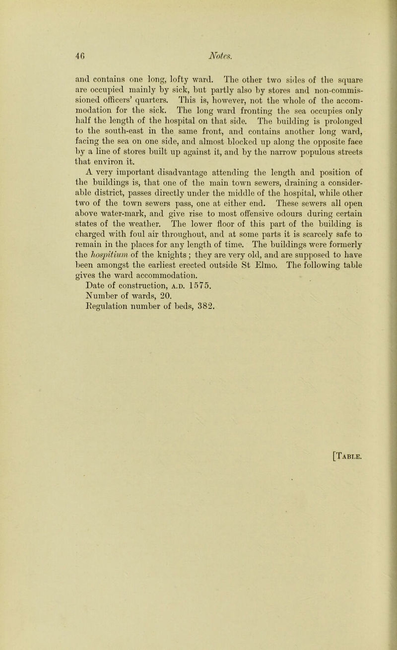 and contains one long, lofty ward. The other two sides of the square are occupied mainly by sick, but partly also by stores and non-commis- sioned officers’ quarters. T his is, however, not the whole of the accom- modation for the sick. The long ward fronting the sea occupies only half the length of the hospital on that side. The building is prolonged to the south-east in the same front, and contains another long ward, facing the sea on one side, and almost blocked up along the opposite face by a line of stores built up against it, and by the narrow populous streets that environ it. A very important disadvantage attending the length and position of the buildings is, that one of the main town sewers, draining a consider- able district, passes directly under the middle of the hospital, while other two of the town sewers pass, one at either end. These sewers all open above water-mark, and give rise to most offensive odours during certain states of the weather. The lower floor of this part of the building is charged with foul air throughout, and at some parts it is scarcely safe to remain in the places for any length of time. The buildings were formerly the liospitium of the knights ; they are very old, and are supposed to have been amongst the earliest erected outside St Elmo. The following table gives the ward accommodation. Date of construction, a.d. 1575. Number of wards, 20. Regulation number of beds, 382. [Table.