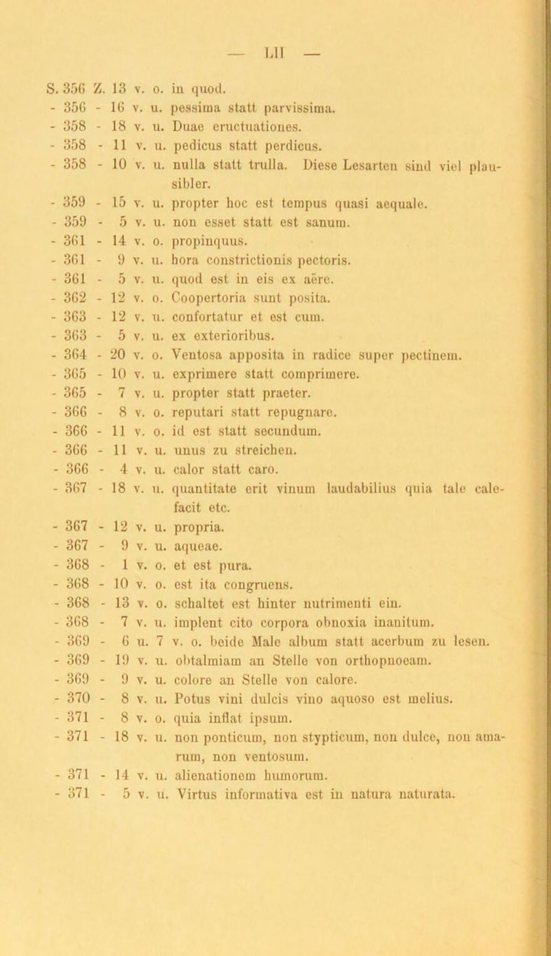 S. 3a(! Z. 13 V. o. in quotl. - 35G - IG V. u. pessima statt parvissima. - 358 - 18 V. u. Duae eructuatioiies. - 358 - 11 V. u. pedicus statt perdicus. - 358 - 10 V. u. nulla statt trulla. Diese Lesarten sind viel plau- sibler. - 359 - 15 V. u. propter hoc est tempus quasi aequalc. - 359 - 5 V. u. non esset statt est sanura. - 3G1 - 14 V. 0. propinquus. - 3G1 - 9 V. u. hora constrictionis pectoris. - 3G1 - 5 V. u. quod est in eis ex aere. - 3G2 - 12 V. 0. Coopertoria sunt posita. - 3G3 - 12 V. u. confortatur et est cum. - 3G3 - 5 V. u. ex exterioribus. - 3G4 - 20 V. 0. Ventosa apposita in radice super pectinein. - 3G5 - 10 V. u. exprimere statt comprimere. - 3G5 - 7 V. u. propter statt praeter. - 3G6 - 8 V. 0. reputari statt repugnare. - 3GG - 11 V. 0. id est statt secundum. - 3GG - 11 V. u. unus zu streichen. - 3GG - 4 V. u. calor statt caro. - 3G7 - 18 V. u. (piantitate erit vinum laudabilius quia tale cale- facit etc. - 3G7 - 12 V. u. propria. - 367 - 9 V. u. aqueae. - 368 - 1 V. 0. et est pura. - 3G8 - 10 V. 0. est ita congrucns. - 368 - 13 V. 0. schaltet est hinter nutrimenti ein. - 368 - 7 V. u. implent cito Corpora obnoxia inanitnm. - 369 - 6 u. 7 V. 0. beide Male album statt acerbuin zu lesen. - 369 - 19 V. u. obtalmiam au Stelle von orthopnoeam. - 369 - 9 V. u. colore an Stelle von calore. - 370 - 8 V. u. Potus vini dulcis vino aquoso est melius. - 371 - 8 V. 0. quia inflat ipsum. - 371 - 18 V. u. non ponticum, non stypticum, noii dulce, non ama- rum, non ventosura. - 371 - 14 V. u. alienationom humorum. - 371 - 5 V. u. Virtus informativa est in natura naturata.