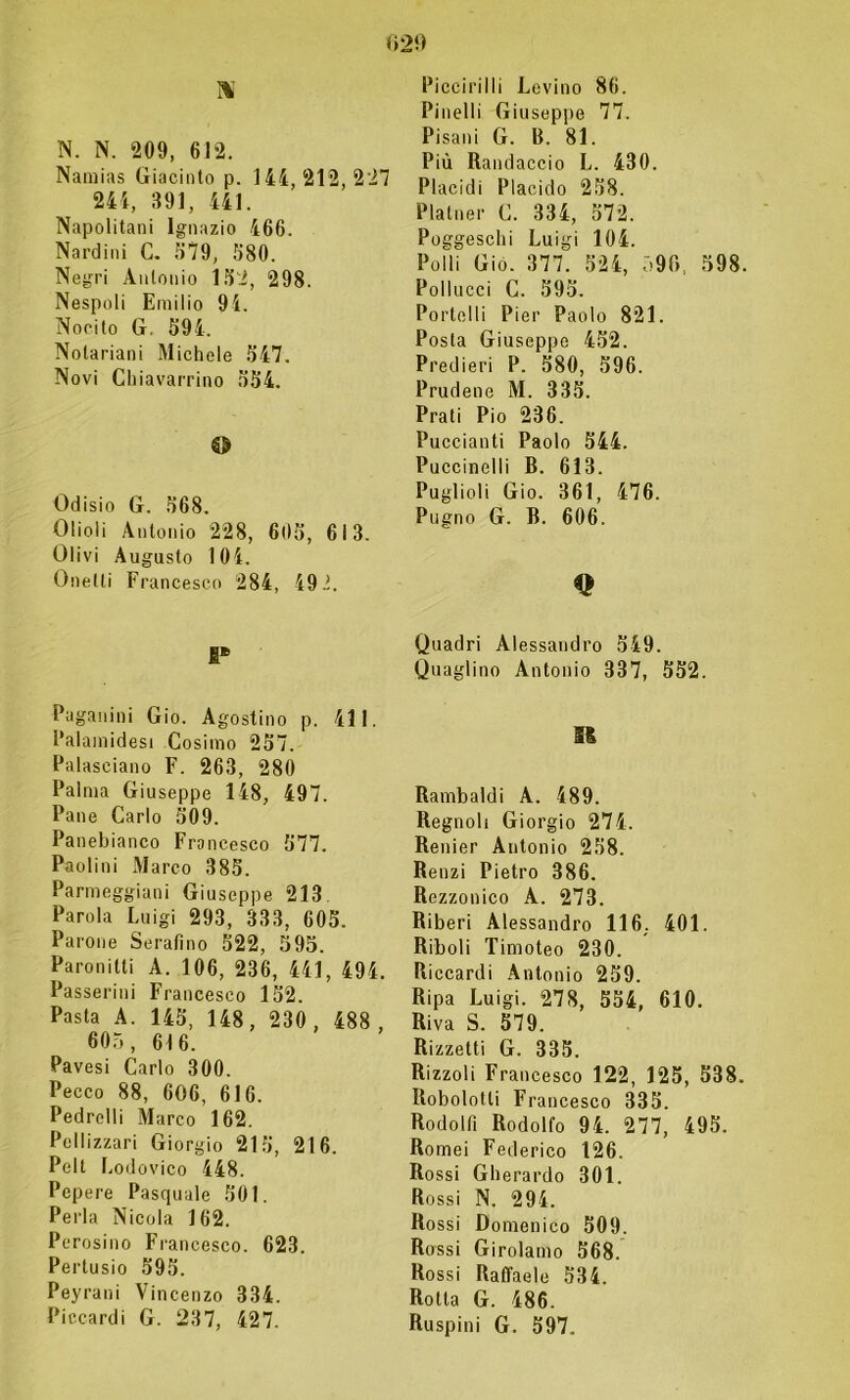 N N. N. 209, 612. Namias Giacinto p. 144,212,227 244, 891, 441. Napolitani Ignazio 466. Nardini C. 579, 580. Negri Antonio 152, 298. Nespoli Emilio 94. Nocito G, 594. Nolariani Michele 547. Novi Chiavarrino 554. © Odisio G. 568. Olioli Antonio 228, 605, 613. Olivi Augusto 104. Quelli Francesco 284, 49.ì. I* Paganini Gio. Agostino p. 411. l’alamidesi Cosimo 257. Palasciano F. 263, 280 Palma Giuseppe 148, 497. Pane Carlo 509. Panebianco Francesco 577. Paoli ni Marco 385. Parmeggiani Giuseppe 213 Parola Luigi 293, 333, 605. Parone Serafino 522, 595. Paronilti A. 106, 236, 441, 494. Passerini Francesco 152. Pasta A. 145, 148, 230 , 488 , 605, 616. Pavesi Carlo 300. Pecco 88, 606, 616. Pedrelli Marco 162. Peliizzari Giorgio 215, 216. Pelt Lodovico 448. Pepere Pasquale 501. Perla Nicola 162. Perosino Francesco. 623. Pertusio 595. Peyrani Vincenzo 334. Piccardi G. 237, 427. Piccirilli Levino 86. Pinelli Giuseppe 77. Pisani G. B. 81. Più Randaccio L. 430. Placidi Placido 258. Plalner C. 334, 572. Poggeschi Luigi 104. Polli Gio. 377. 524, 590, 598. Pollucci C. 595. Portelli Pier Paolo 821. Posta Giuseppe 452. Predieri P. 580, 596. Prudene M. 335. Prati Pio 236. Puccianti Paolo 544. Puccinelli B. 613. Puglioli Gio. 361, 476. Pugno G. B. 606. Quadri Alessandro 549. Quaglino Antonio 337, 552. m Rambaldi A. 489. Regnoli Giorgio 274. Renier Antonio 258. Renzi Pietro 386. Rezzonico A. 273. Riberi Alessandro 116, 401. Riboli Timoteo 230. Riccardi Antonio 259. Ripa Luigi. 278, 554, 610. Riva S. 579. Rizzetti G. 335. Rizzoli Francesco 122, 125, 538. Robolotli Francesco 335. Rodolfi Rodolfo 94. 277, 495. Romei Federico 126. Rossi Gherardo 301. Rossi N. 294. Ro ssi Domenico 509, Rossi Girolamo 568. Rossi Raffaele 534. Rotta G. 486. Ruspini G. 597.