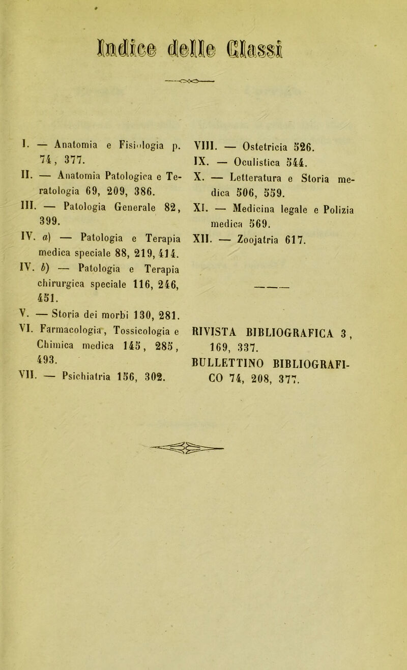 I. — Anatomia e Fisiologia p. 74, 377. II. — Anatomia Patologica e Te- ratologia 69, 209, 386. III. — Patologia Generale 82, 399. IV. a) — Patologia e Terapia medica speciale 88, 219, 414. IV. b) — Patologia e Terapia chirurgica speciale 116, 246, 451. V. — Storia dei morbi 130, 281. VI. Farmacologia, Tossicologia e Chimica medica 145, 285, 493. VII. — Psichiatria 156, 302. Vili. — Ostetricia 526. IX. — Oculistica 544. X. — Letteratura e Storia me- dica 506, 559. XI. — Medicina legale e Polizia medica 569. XII. — Zoojatria 617. RIVISTA BIBLIOGRAFICA 3, 169, 337. BULLETTINO BIBLIOGRAFI- CO 74, 208, 377.