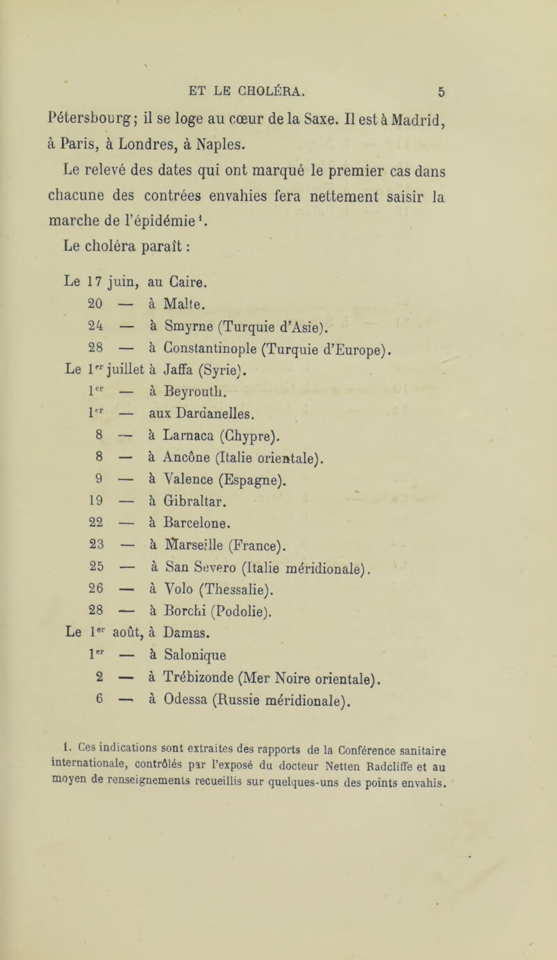 Pétersbourg ; il se loge au cœur de la Saxe. Il est à Madrid, à Paris, à Londres, à Naples. Le relevé des dates qui ont marqué le premier cas dans chacune des contrées envahies fera nettement saisir la marche de l’épidémie1. Le choléra paraît : Le 17 juin, au Caire. 20 — à Malte. 24 — à Smyrne (Turquie d’Asie). 28 — à Constantinople (Turquie d’Europe). Le 1 juillet à Jaffa (Syrie). lor — à Beyrouth. 1er — aux Dardanelles. 8 — à Larnaca (Chypre). 8 — à Ancône (Italie orientale). 9 — à Valence (Espagne). 19 — à Gibraltar. 22 — à Barcelone. 23 — à Marseille (France). 25 — à San Severo (Italie méridionale). 26 — à Volo (Thessalie). 28 — à Borchi (Podolie). Le 1er août, à Damas. 1 — à Salonique 2 — à Trébizonde (Mer Noire orientale). 6 — à Odessa (Russie méridionale). 1. Ces indications sont extraites des rapports de la Conférence sanitaire internationale, contrôlés par l’exposé du docteur Netten Radcliffe et au moyen de renseignements recueillis sur quelques-uns des points envahis.