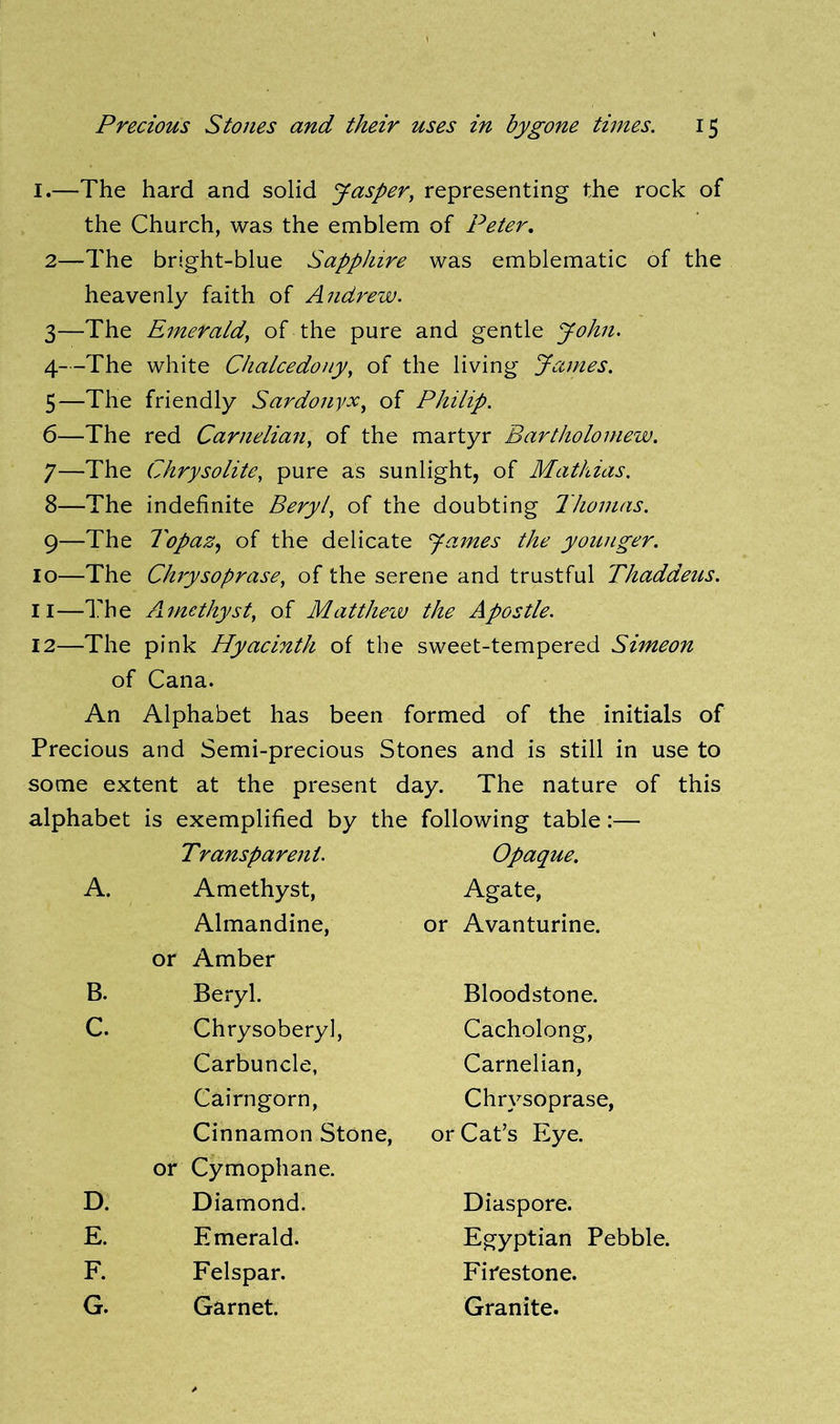 I.—The hard and solid Jasper, representing the rock of the Church, was the emblem of Peter. 2— The bright-blue Sapphire was emblematic of the heavenly faith of Andrew. 3— The Emerald, of the pure and gentle John. 4— The white Chalcedony, of the living James. 5— The friendly Sardonyx, of Philip. 6— The red Carnelian, of the martyr Bartholomew. 7— The Chrysolite, pure as sunlight, of Mathias. 8— The indefinite Beryl, of the doubting Thomas. 9— The Topaz, of the delicate James the younger. 10— The Chrysoprase, of the serene and trustful Thaddeus. 11— The A-inethyst, of Mdtthezv the Apostle. 12— The pink Hyacinth of the sweet-tempered Simeon of Cana. An Alphabet has been formed of the initials of Precious and Semi-precious Stones and is still in use to some extent at the present day. The nature of this alphabet is exemplified by the following table:— Transparent. Opaque. A. Amethyst, Agate, Almandine, or Avanturine. or Amber B. Beryl. Bloodstone. C. Chrysoberyl, Cacholong, Carbuncle, Carnelian, Cairngorn, Chrysoprase, Cinnamon Stone, or Cymophane. or Cat’s Eye. D. Diamond. Diaspore. E. Emerald. Egyptian Pebble. F. Felspar. Firestone. G. Garnet. Granite.