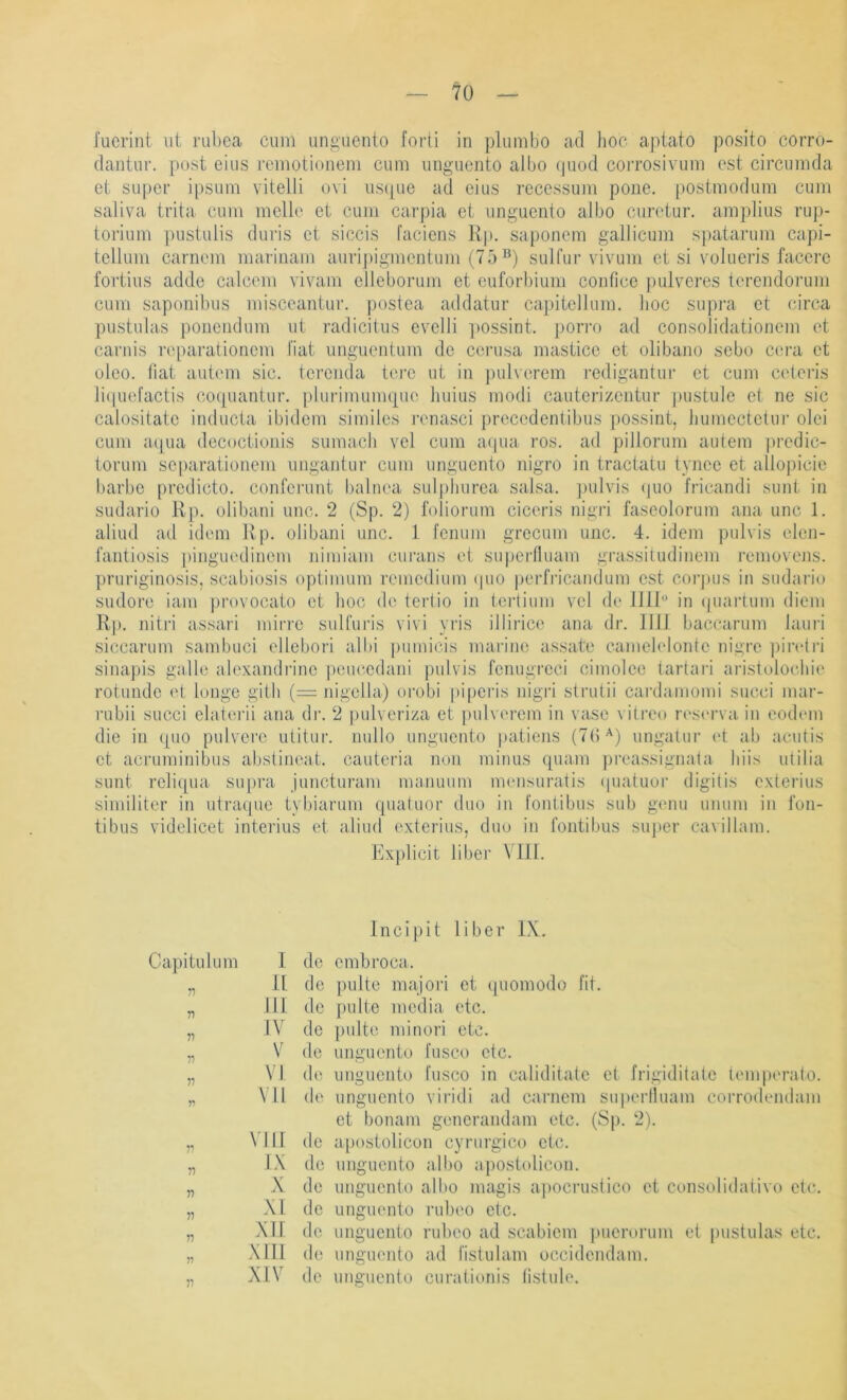 fuerint ut ruhea ciim unguento forti in plumbo ad hoc aptato posito corro- dantiir, post eins remotioneni cum unguento albo (|uod corrosivum est circumda et super i|)sum vitelli uvi us(|ue ad eins recessum pone. postmodum cum saliva trita cum melle et cum cai’j)ia et unguento albo curetur. amplius ru])- torium pustulis duris et siccis l'aciens Rp. saponem gallicum spatarum capi- tellum carnem mariiiam aurij)igmentum (75^) sulfiir vivum et si voluei’is faccre fortius adde calcem vivam elleborum et euforbium confice jndvcres terendorum cum saponibus misceantur. postea addatur capitcllum. hoc supra et circa pustulas ponciidum ut radicitus evelli ])0ssint. porro ad consolidationem et carnis reparationem fiat unguenium de cerusa mastice et olibano sebo cera et oleo. hat autem sic. tcrenda terc ut in pulverem redigantur et cum cetei’is licjuefactis coipianiur. j)lurimunupie huius modi cauterizcntur pustule et ne sic calositatc inducta ibidem similes j’cnasci precedentibus possint, humectetur olei cum a([ua decoctioiiis sumach vel cum a(iua ros. ad pillorum autem ])redic- torum separatiunem uiigantur cum unguento nigro in tractatu tynee et allopicie barbe predicto. conferunt balnea sulpliurea salsa. ])ulvis (|uo fricandi sunt in sudario Rp. olibani unc. 2 (Sp. 2) l’oliorum ciceris nigi’i faseolorum ana unc 1. aliud ad idem Rp. olibani unc. 1 fcnum grccum unc. 4. idem pulvis eleji- 1‘antiüsis [)inguedinem niniiani curans ei superlluam grassiludinem removejis. pruriginosis, scabiosis optinium remedium (pio perfricandum est Corpus in sudario sudore iam pi’ovocato et hoc de tei'tio in tei'tium vel de IHR in (piai’tum diem Ivp. nitri assari mirrc sulfui’is vivi yris illirice ana dr. 1111 baccaruni lauri siccarum sambuci ellebori albi pumicis marine assate camelelonte nigre ])in‘tri sinapis gallo alexandrino peu(‘,edani pulvis fenugreci cimolee tartai’i ari.stolochie rotundc et longe gith (= nigella) orobi pi[)eris nigi'i strutii cardamomi succi mar- rubii succi elatei-ii ana dr. 2 pulveriza et i)ulvorem in vase vitreo rosi'rva in eod(‘m die in ([uo pulvei’C utitur. nullo unguento patiens (70'^) ungalur et ab acutis et acruminibus abstineat. cauteria non minus quam ])reassignala hiis utilia sunt reliqua supra juncturam manuum mensuratis (juatuor digitis exterius similiter in utraque tybiarum quatuor duo in fontibus sub gvnu unum in fon- tibus videlicet interius et aliud exterius, duo in fontibus super cavillam. Explicit über VIII. Incipit über IX. Capitulum I de embroca. 7) II de pulte majori et quomodo fit. n HI de pulte media etc. Tt IV de i)ulte niinori etc. ;i de unguento fusco etc. V VI de unguento fusco in caliditatc et Irigiditate temperato. Vll de unguento viridi ad carnem superlluam corrodendam et bonam generandam etc. (S|). 2). V VHI de a[)ostolicon cynirgico etc. n I.X de unguento albo apostolicon. n X de unguento albo magis apocrustico et consolidativo etc. 51 XI de unguento rubeo etc. 55 XII de unguento rubeo ad scabiem ])uerorum et pustulas etc. 55 Xlll de unguento ad fistulam occidendam. 55 XIV de unguento curationis hstule.