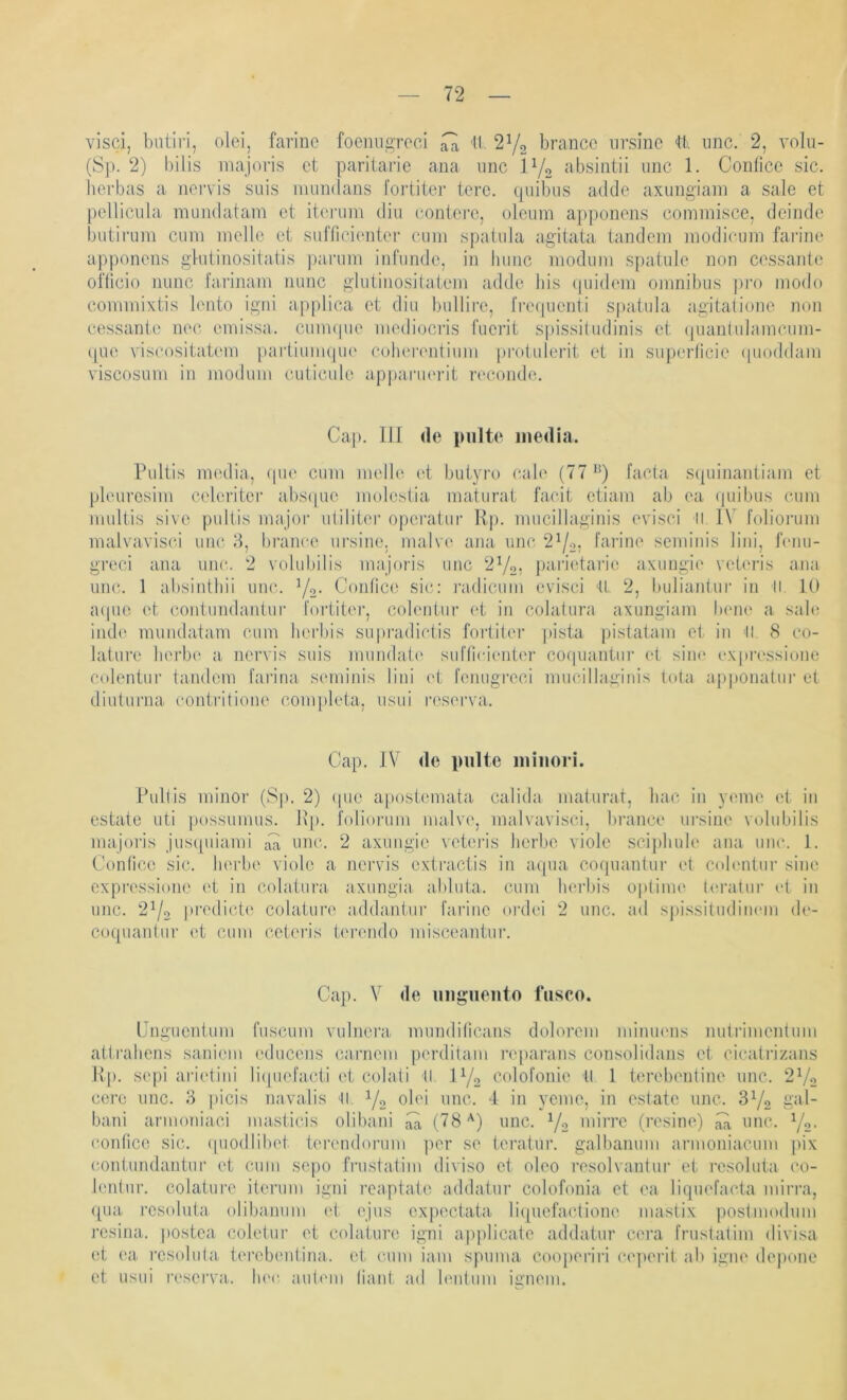 visci, bntiri, olei, farinc foemioToci ^ 'II. 2^0 brancc nrsinc <U>. nnc. 2, a*o]u- (Sp. 2) bilis majoi'is et parilarie ana imc IY2 Jvbsiiitii nnc 1. Coiilicc sic. herbas a noi-vis suis luiiiKlaiis Ibrtiter terc. quibiis adele aximgiam a sale et pelliciila imiiKlatam et iterum diu (‘ontere, oleum apponens commisce, deinde butiruni cum melle ei suffici('nter cum spatula agitata landein modic'um faidne apponens ghitinositatis parum infunde, in hunc modum spatule non cessanlc} oflicio nunc farinam nunc glutinosilatem adde bis (piidem omnibus pi’o modo commixtis lento igni applica et diu bullire, IVecpienti s|)atula agitalione non cessanle nec emissa. cuimpie mediocris fuerit spissiludinis et (pianlulamcum- qiie vis(a)siiaiem parlimiupu' coherontiiim protulerit et in superlicie (pioddam viscosum in modum cuticule apiiariierit reconde. Cap. lil de imite inedia. Pultis im'dia, (pie cum melb^ vi butyro (ude (77 '*) facta st[uinantiam et pleurosim celeriter absque molestia maturat facit etiam ab ea (piibus cum muliis sivo pultis major utilitei- operatur R]). mucillaginis evisci li IV folionim malvavisci uiu; 8, brancc ui’sine. malve ana unc 2Yor farinc seminis lini, fenu- greci ana unc. 2 volubilis majoris unc 2Vo, parietarie axiingic veb'ris ana unc. 1 absiiithii unc. Yo- Conficc sic: i’adicum evisci <U, 2, buliantur in II. 10 aquo et coiitundantur fortiter, colentui’ (d in colatura axungiam bene a salc indc mundatam cum berbis supradictis fortiter pista pistatam et in il. 8 co- lalure lierb(' a nervis suis mundatc siiflicicntcr cocpiantur et siiu' expressione colentur landem farina seminis iini (d feiuigrcci mucillaginis tota apponatur et diuturna contritionc completa, usui reserva. Cap. IV de pulte niiuori. Pultis minor (Sp. 2) cpie apostemata calichi maturat, hac in ycmie et in estate uti possumus. Rp. folionim inalv’o, malvavisci, brancc ursinc volubilis majoris ius([uiami ^ nnc. 2 aximgie veteris herbe viole sciphnh' ana nnc. 1. Conlice sic. herbe viole a nervis cxtixictis in acpia cocpiantur et colcntnr sine expressione et in colatura aximgia ablnta. cum herliis 0|)timc tcratnr et in nnc. 2Y2 predict(' colature addantur farinc onlci 2 unc. ad spissitudiinmi dc- coquantur et cum cetcris terendo misceantur. Cap. V de ungiieiito fiisco. Cngiicntnm fnscum vulnera mnndilicans dolorem minucns nuti'imenlum attrahens saniem educens carnem perditain rejiarans consolidans et cicatrizans Rp. sepi arictini liipiefacti et colati II P/o colofonic 11 1 terebentine unc. 2Yo cero unc. 8 picis navalis II. Y2 olei unc. 4 in yeme, in estate unc. gal- bani armoniaci masticis olibani ^ (78'^) unc. Y2 'oirrc (resine) ,7a unc. ^/o. confice sic. ([uodlibet terendornm ])er so teratur. galbanum armoniacum pix contundantur et cum sepo fnistatim diviso et oleo resolvantur et resoluta co- lentur. colature iterum igni rcaptate addatur colofonia et ea liqucfacta mirra, ([ua resoluta olibannm ci ejus cxpectata licpiefactione mastix poslmodum resina. postea coletui’ et colature igni applicate addatur cera frustatim divisa et ('a. resoluta terebentina. et cum iain spuma cooperiri ci'perit ab igne deiione et usui i'cserva. her aut('in (iant ad lentnin ignem.