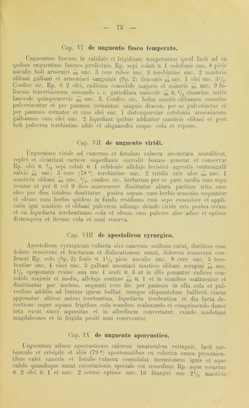 Cap. VI de ungiiento fiisco teinperato. Uiigaeiitiim liisciini in calidate et fn’giditate teiiipei’atuiii ([uod facit ad ea. ([uibus iingucniiini fusciiiii prcdictiiiii Kp- scpi colati II. 1 colofonie iiiic. 8 picis navalis boli annenici ^ iiuc. 3 cerc rul)oe iinc. 3 terebinliiic iinc. 2 niasticis olibaiii galbani et annoniaei sanguinis (Sp. 2) draconis ^ iinc. 1 olei iinc. 3Yo. Coidicc sic. Rp. II 2 olei, radicuin consolide niajoris et minon’s ^ uiic. 9 fu- lioniiii tenerriinoruin osmunde i. e. gariotilata sanicnle ^ 'tl. ciiiiaruni iiiirte lanceule (iuin([iienervie iü unc. 3. Coiificc sic. bolus iiiastix olibanum seiiioliiii pulverizentui’ et per pannuni cernantui’. sanguis di’acon. per so pulverizetur et per pannuni cernatur et cuiii olei uiic. 1 disteiupcretur colofonia annoniacuiii galbainmi c-uiii olei imc. 2 li((ueliaut t[uibus addaiilur iiiasticu’s olibaiii i>t post boli pulveres terebintine addc' i't alic^uanidiu coque. cola et i’epone. Cai). Vll de iiiigiiento virldi. L'iiguentuin viride ad cancrum et nstulain vulnera inveterata inundilicat, replet et cicatrizat cai'neiii su[)ei'nuam corrodit liouaui gcniM'at et conserval Kp. ob‘i 11 Y2 colati 11 1 celidonie alleluje le\istici agrestis ceutunigalli salvic unc. 3 cei'e (78 '9 terebintine unc. 2 viridis cris aloc ^ unc. 1 niasticis olibani idi unc. Y2- confice sic. lierbaruni pei' se pars niedia cum sejio teratur et per G vel 9 dies mai’cescere diiiiittatur altera [lartium Irita cum olco [icr dies totidem dimittatur. postea se|)um cum lierbis semotim coijuantur ei ob'um cum lierbis quidcm in fundo residuum cum sepo commisce (d ap|)li- catis igni niasticis et olibani pulvernn adiuiige dciiide \ iride eris postea ci'ram et ea lii(uel‘acta terebentinam cola et oleum cum pulvere aloe adici' et optime lu'ra et itcrum cola et usui reserva. Cap. \ lll de apostolicoii eynirgico. A[)ostolicon cyrurgicum vulnera sivc cancrum uiuUuni curat, duritiem cum dolore removens et fraiduram et dislocationem sanat, dolorem reniovens coii- firmat U[i. colo (Sp. 2) fonie II. P/o pici!5 navalis unc. 8 cerc unc. 5 tere- bentine unc. 4 visci unc. 3 galbani amoniaci niasticis olibani serapini unc. IY2 opoponacis resine ana unc 1 aceti 1.1 3 et in illis ])onantur radices con- solide majoris et inedie, alleluje contuse ^ <U„ 1 et in manibus malaxenlur et dimittantur per noctem. sequenti vero die per pannuni in olla cola et pul- veribus additis ad lentum igneni bulliat cuinque aliquantulum bullierit viscus apponatur ultimo autem terebcntina. li(|uel'acta tercbentina et diu facta de- coctione siqier aquam frigidam cola manibus malaxando et com|)riniendo donec Iota exeat succi aquositas et in albcdinem convertatur. cxinde niadeliaiit magdaleones et in frigida positi usui reserventur. Cap. IX de uiigueiito apocnistico. Unguentum albuiii apocrusticum calorem innaturaleni extinguit, facit car- bunculo et erisipile et aliis (79-^) apostematibus ex colerica causa provenien- tibus valet cancris et fistulis vulnera consolidat incensionem ignis id, aijue calidc ([iiandoque sanat excoriationis speciale est remediuni Rp. aque rosai-uni tl 2 ob'i II 1 et unc. 2 ceruse optime unc. IG litargiri unc 27o ma>ticis